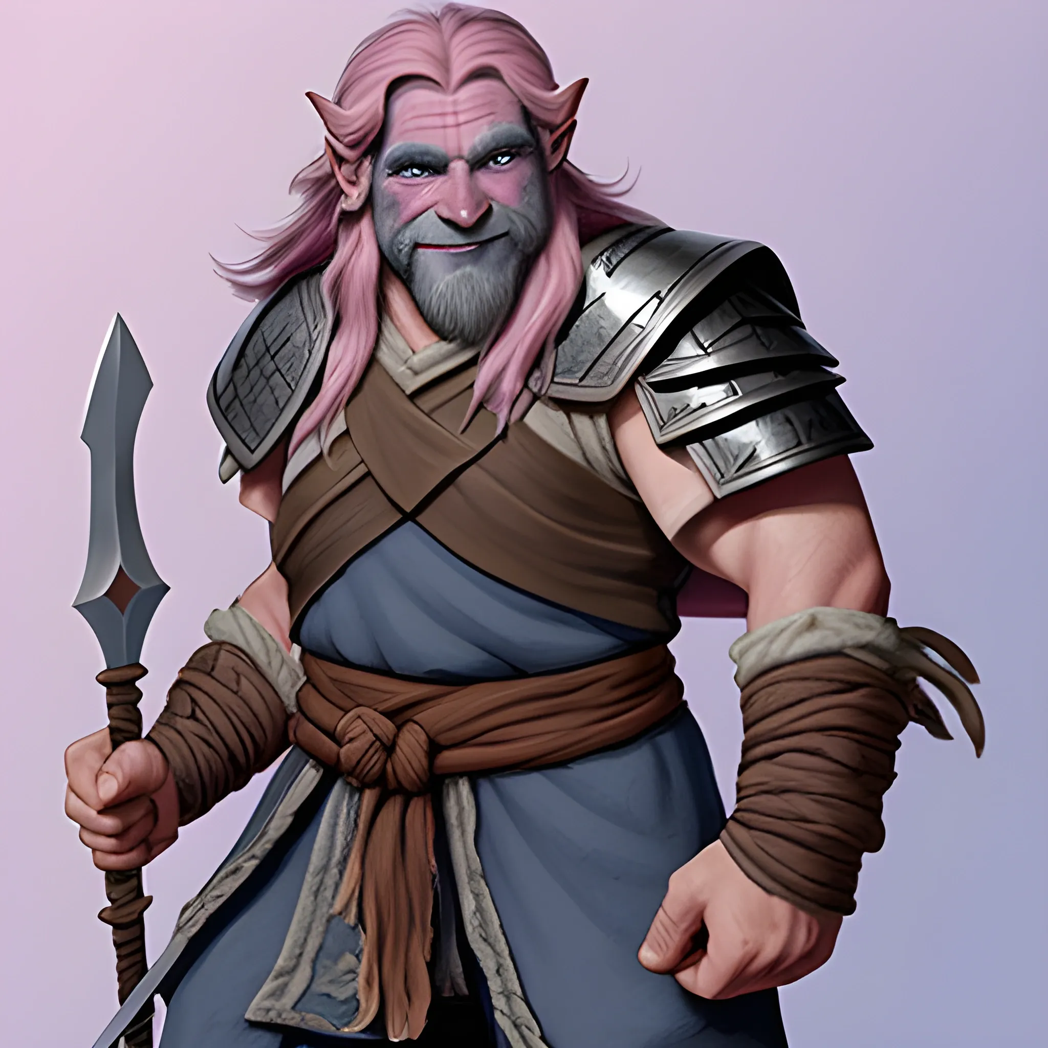 D&D firbolg man, friendly face, blue-gray skin with slight shades of pink, long hair, Fighter: Rune Knight, half giant, big nose