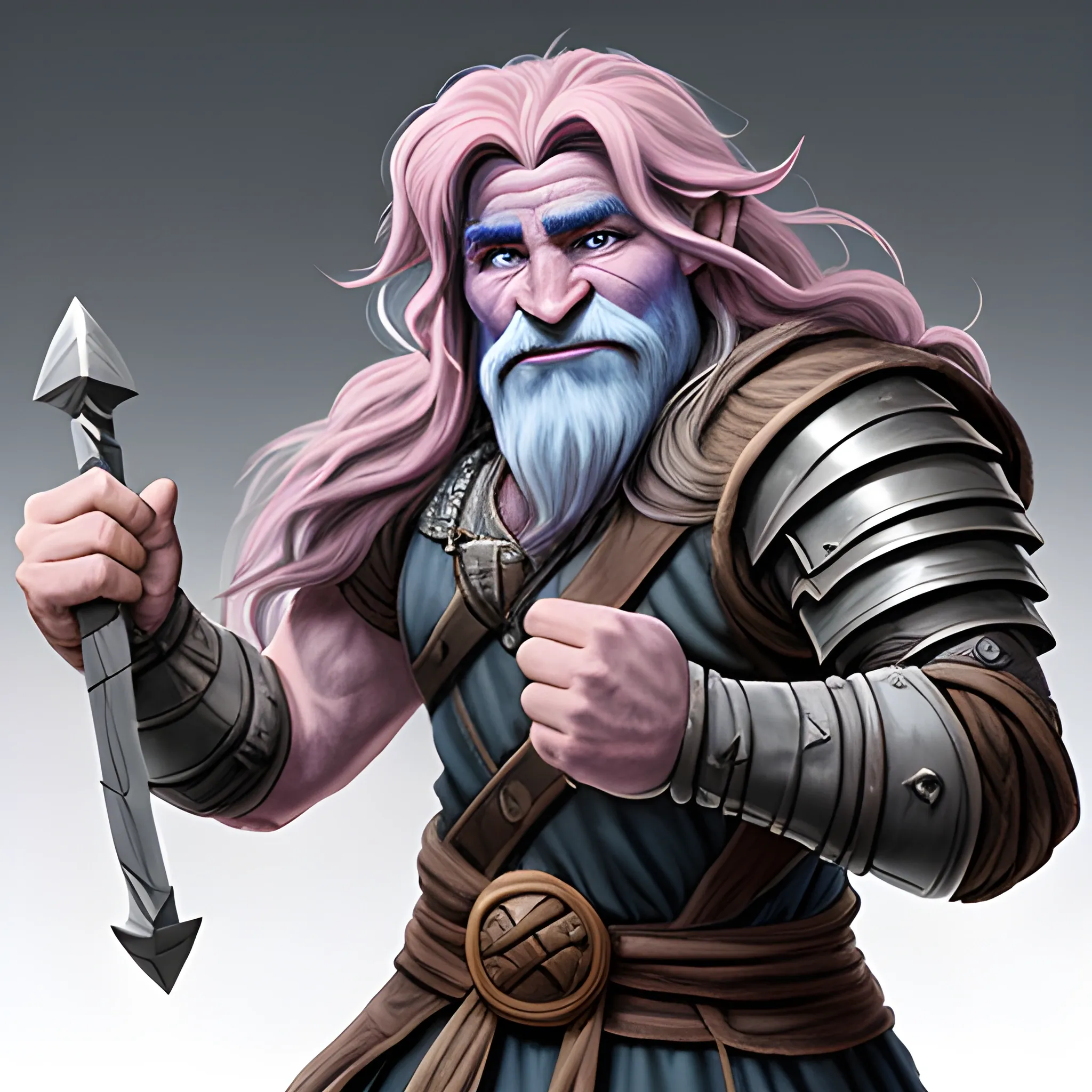 D&D firbolg man, friendly face, blue-gray skin with slight shades of pink, long hair, Fighter: Rune Knight, half giant, big nose