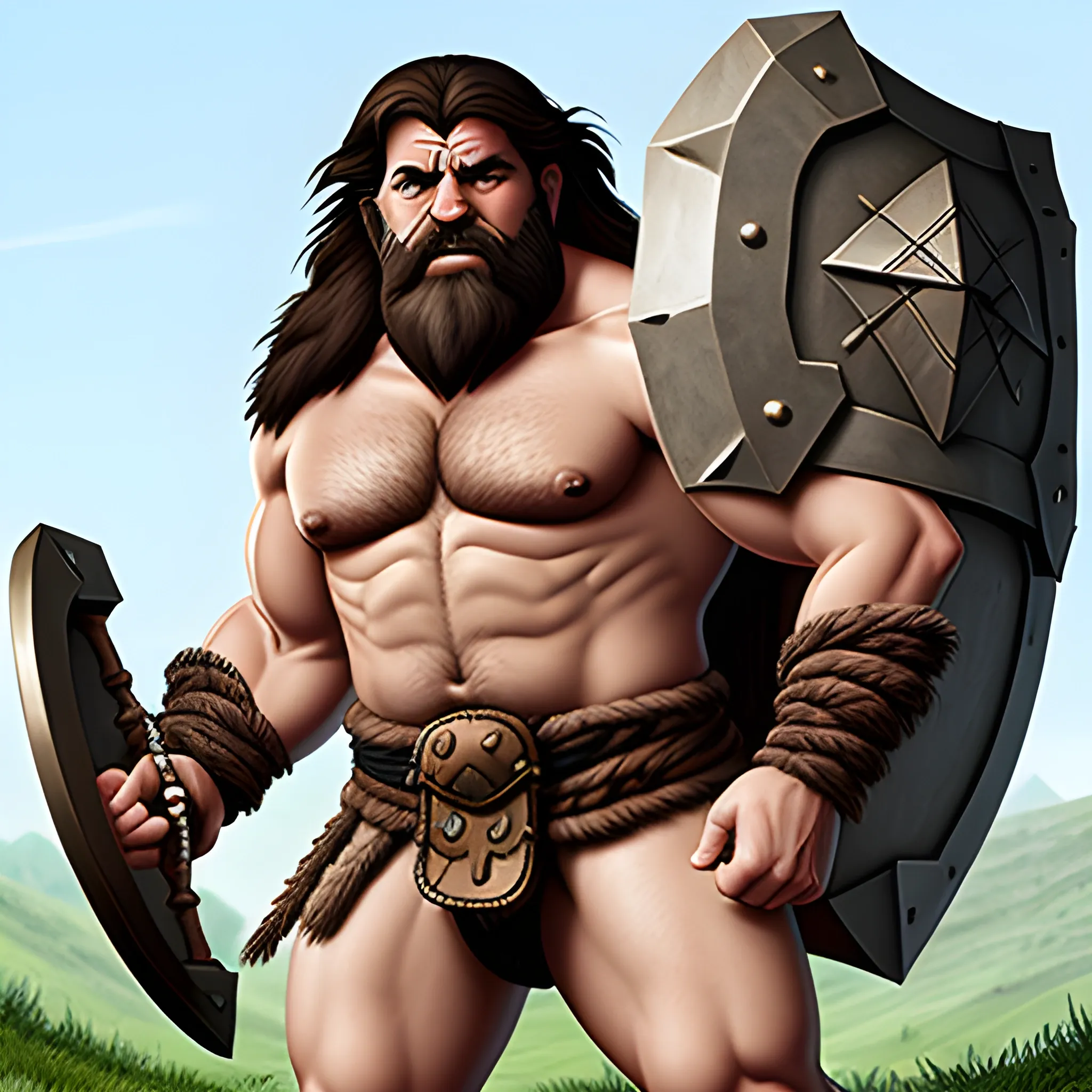 a shirtless barbarian D&D hill dwarf holding a giant gear-shaped shield with both hands