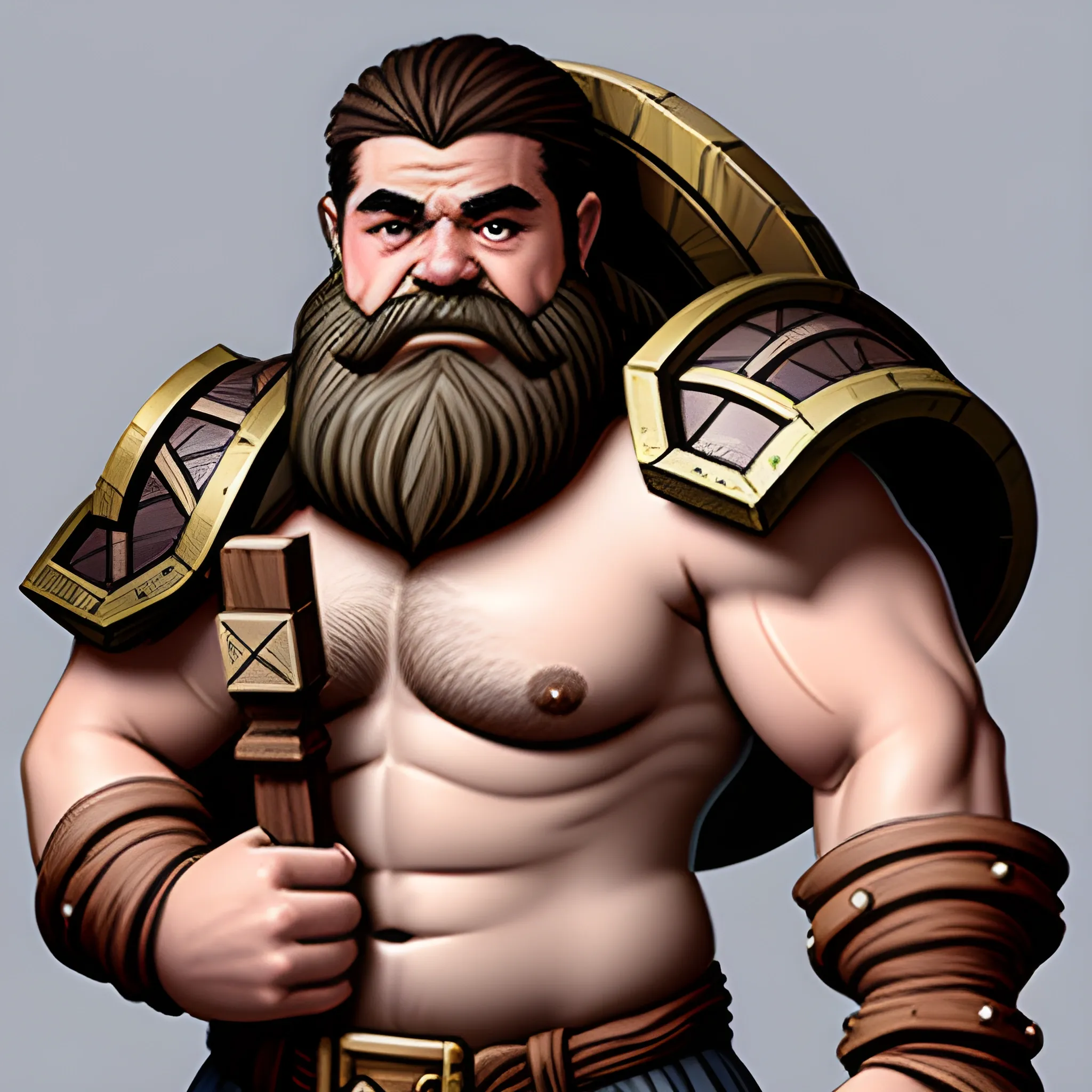 a shirtless D&D hill dwarf barbarian holding a giant gear-shaped shield with both hands, large build