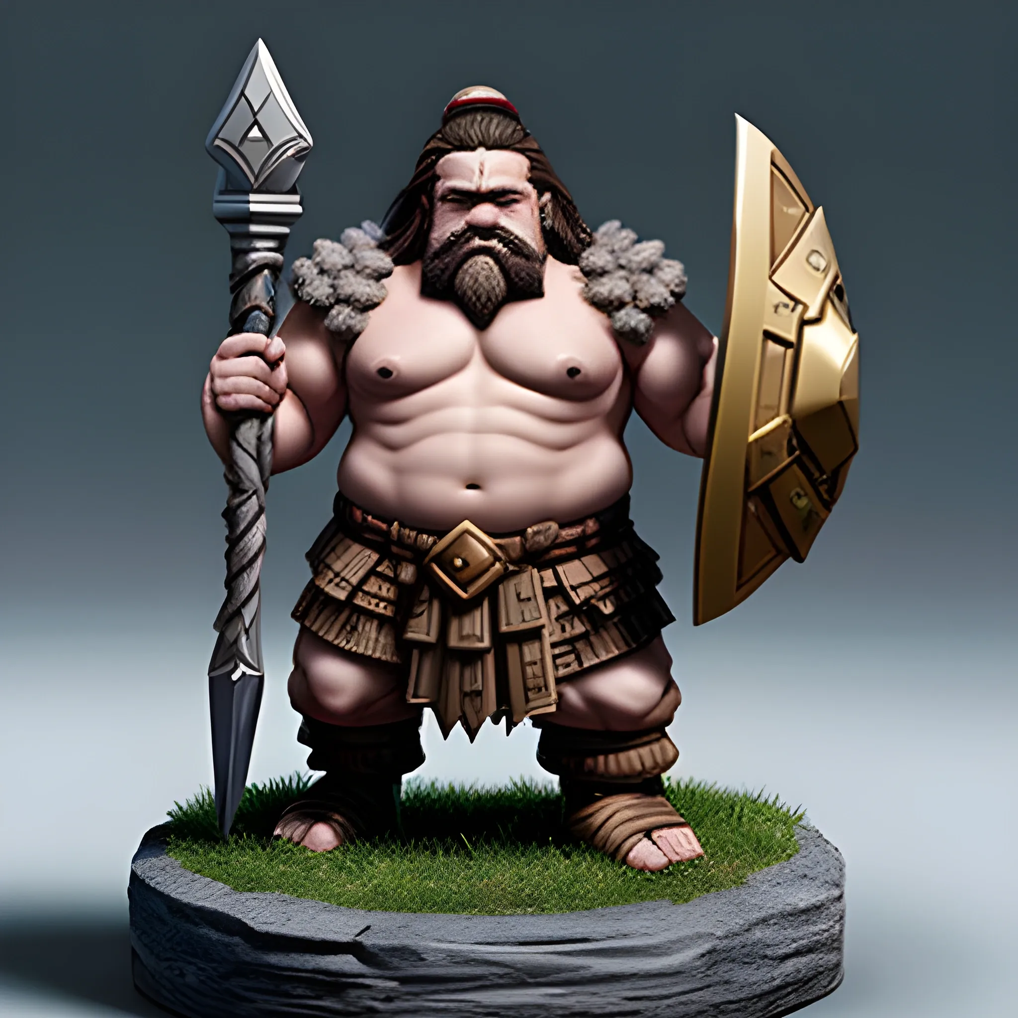 a shirtless D&D hill dwarf barbarian-artifice holding a giant gear-shaped shield with both hands, big constitution