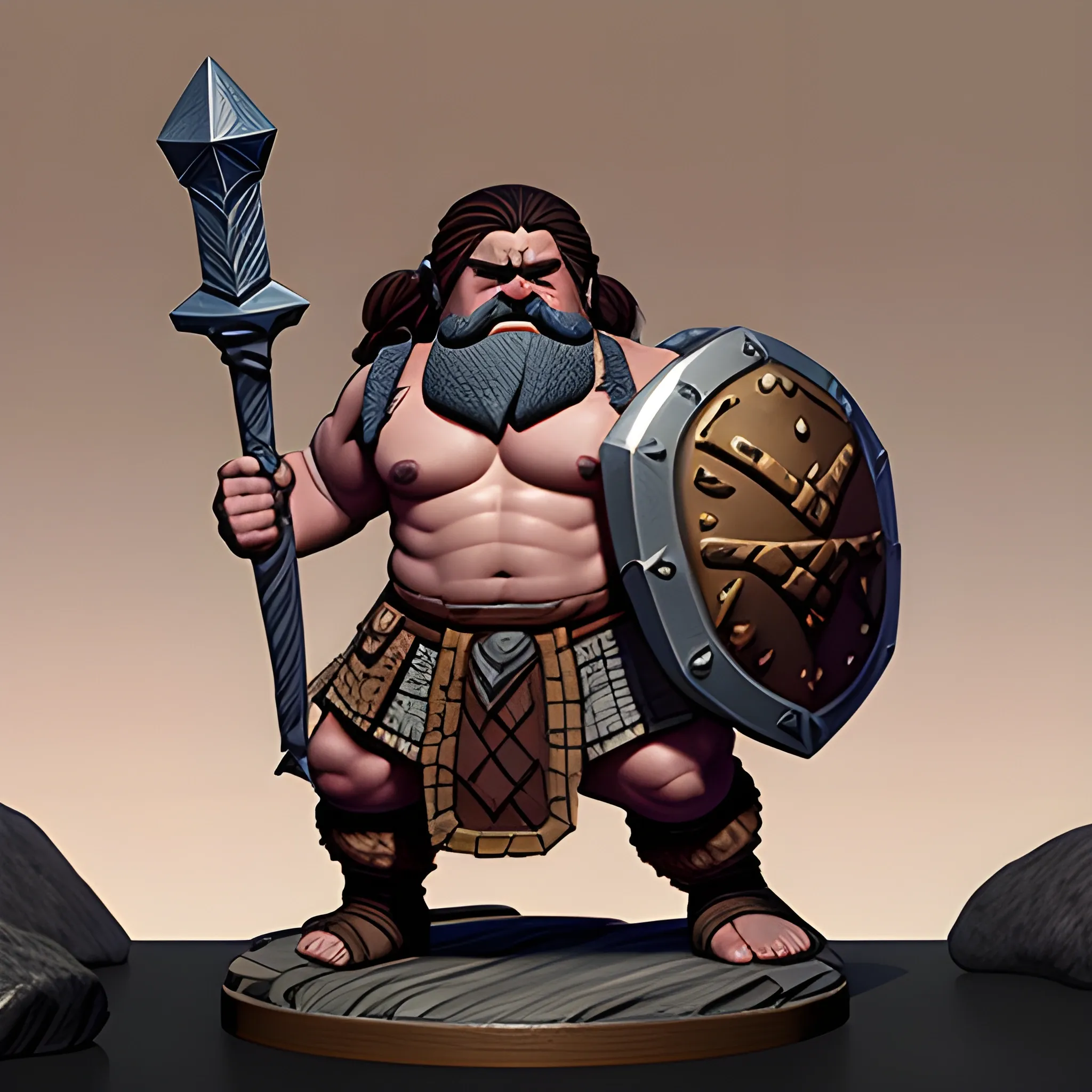 a shirtless D&D hill dwarf barbarian-artifice holding a giant gear-shaped shield with both hands, big constitution