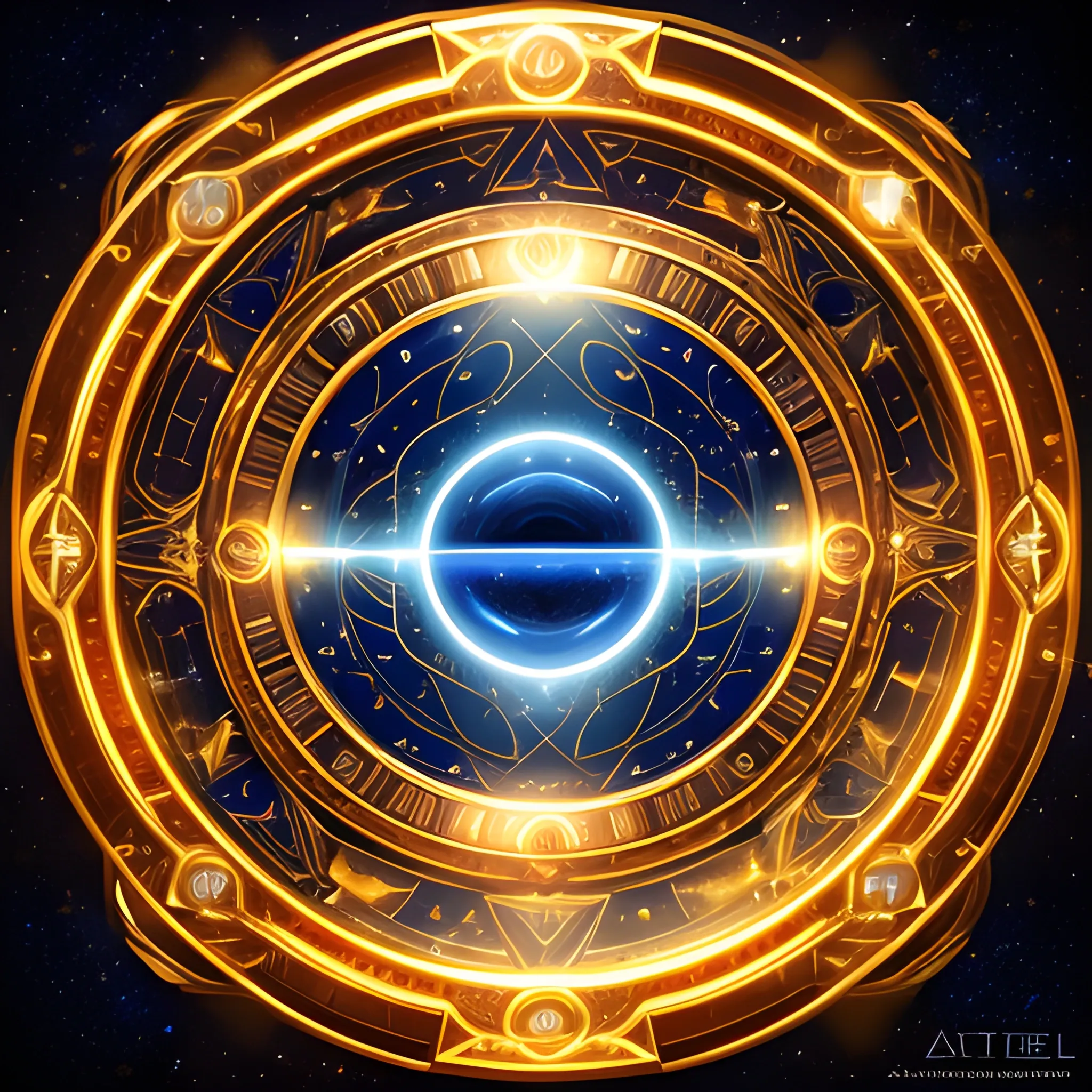 Stargate space portal with gold lit sphere radiating golden light with cosmic blue highlights.  Inside portal is white and blue llight energy as the entrance into another realm. 
 fantasy, highly detailed, digital art, trending on artstation, smooth, sharp focus, illustration, art 
