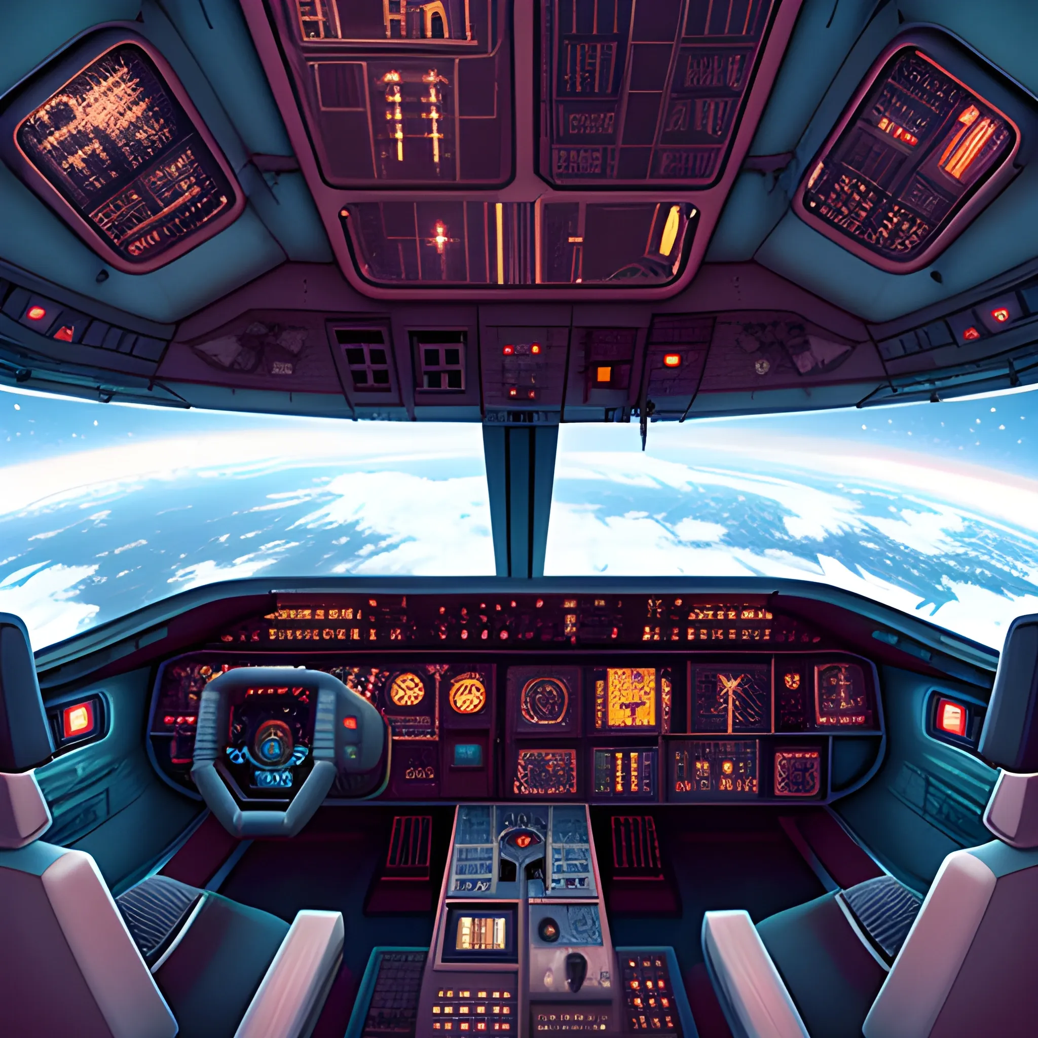 inside a spaceship cockpit, houselike cozy design, photorealistic, 3D