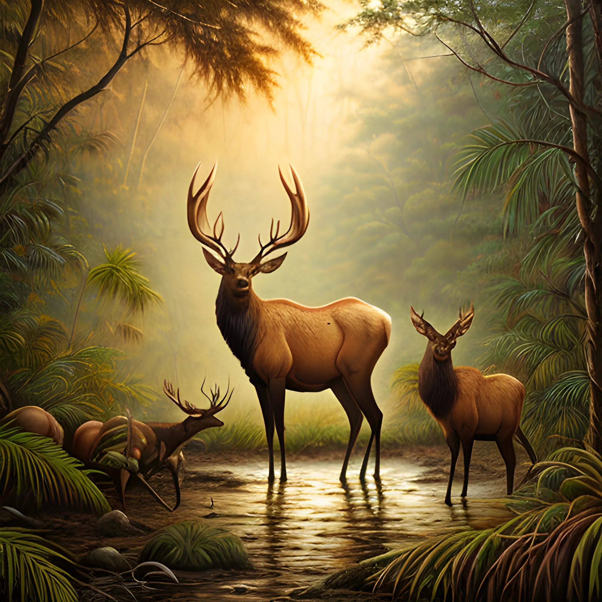 Elk in the jungle, warm tones at dusk, realistic oil painting style