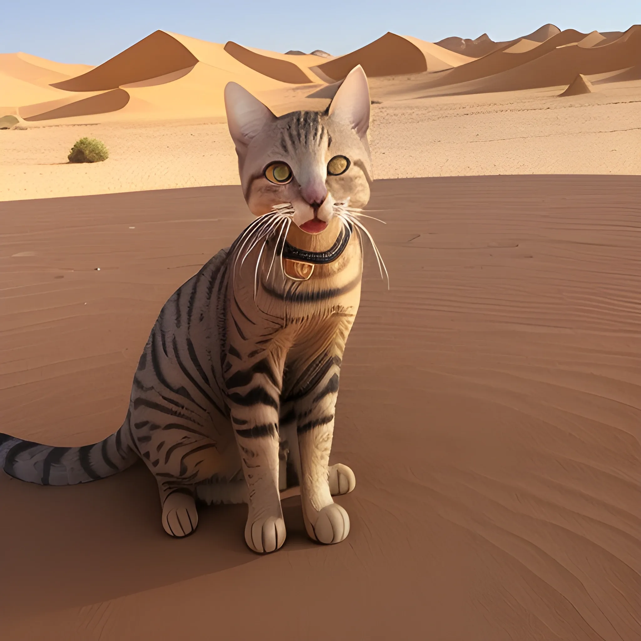 gato feliz en medio del desierto