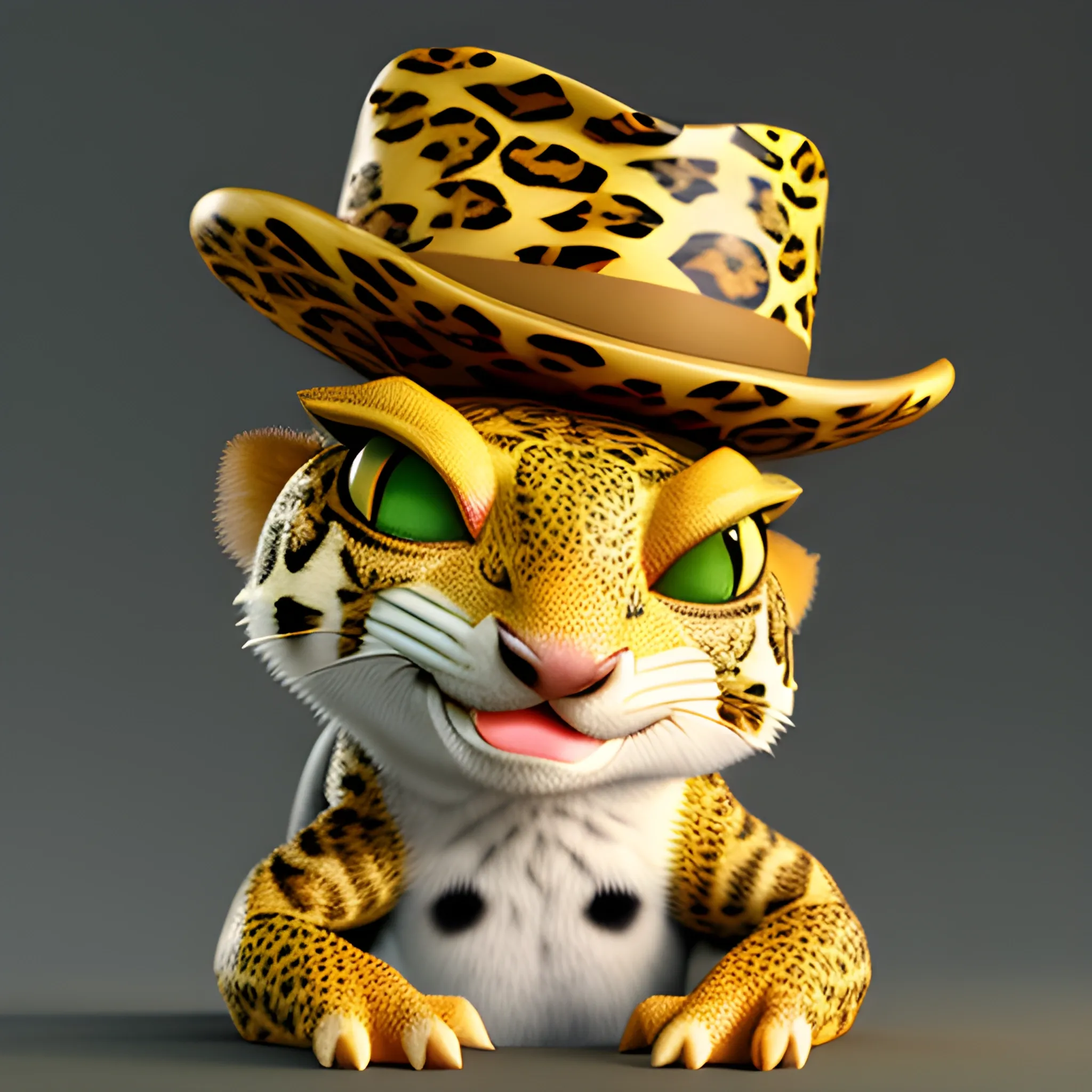 A cute photorealistic leopard gecko winking and smiling. Wearing a small hat., 3D