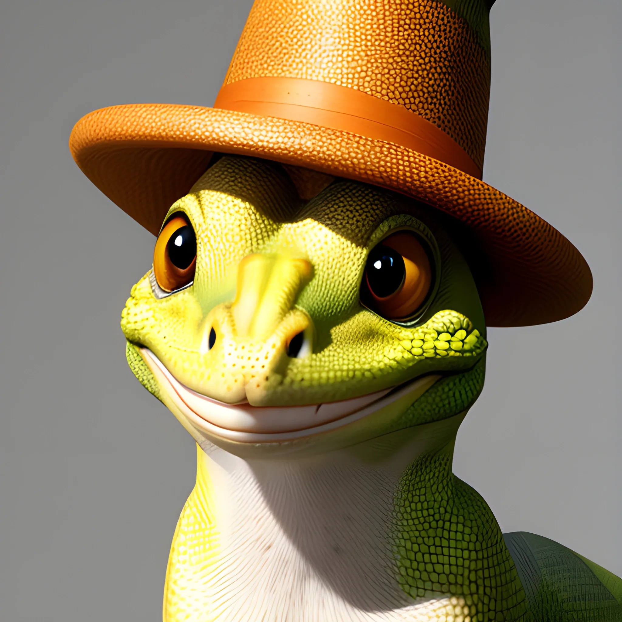 Eublepharis macularius photorealistic smiling and winking, wearing a small hat. Smaller than would be proportional to the lizard. Cute., 3D