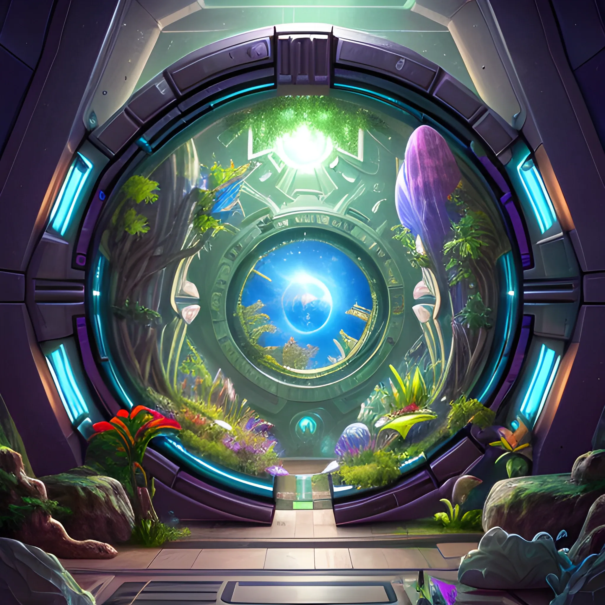 Inside a Space ark with a portal showing an image of a lush utopian world on the other side of the portal.
 fantasy, highly detailed, digital art, trending on artstation, smooth, sharp focus, illustration, art 
