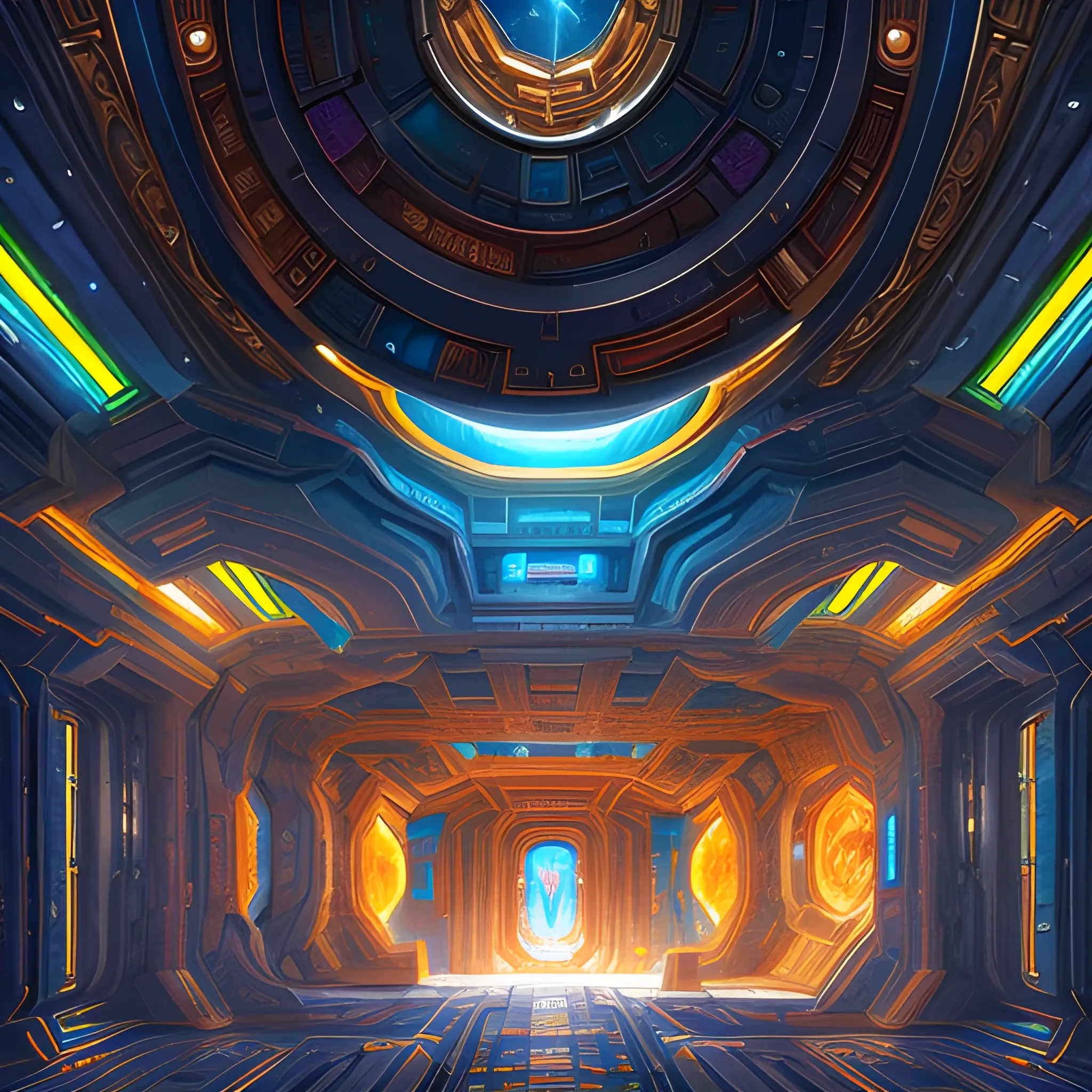 Inside a Space ark  The surrounding chamber of the ark is made of crystalized walls reflecting blue red green yellow colors of light against bronze machinery and ancient architecture.
 fantasy, highly detailed, digital art, trending on artstation, smooth, sharp focus, illustration, art 
