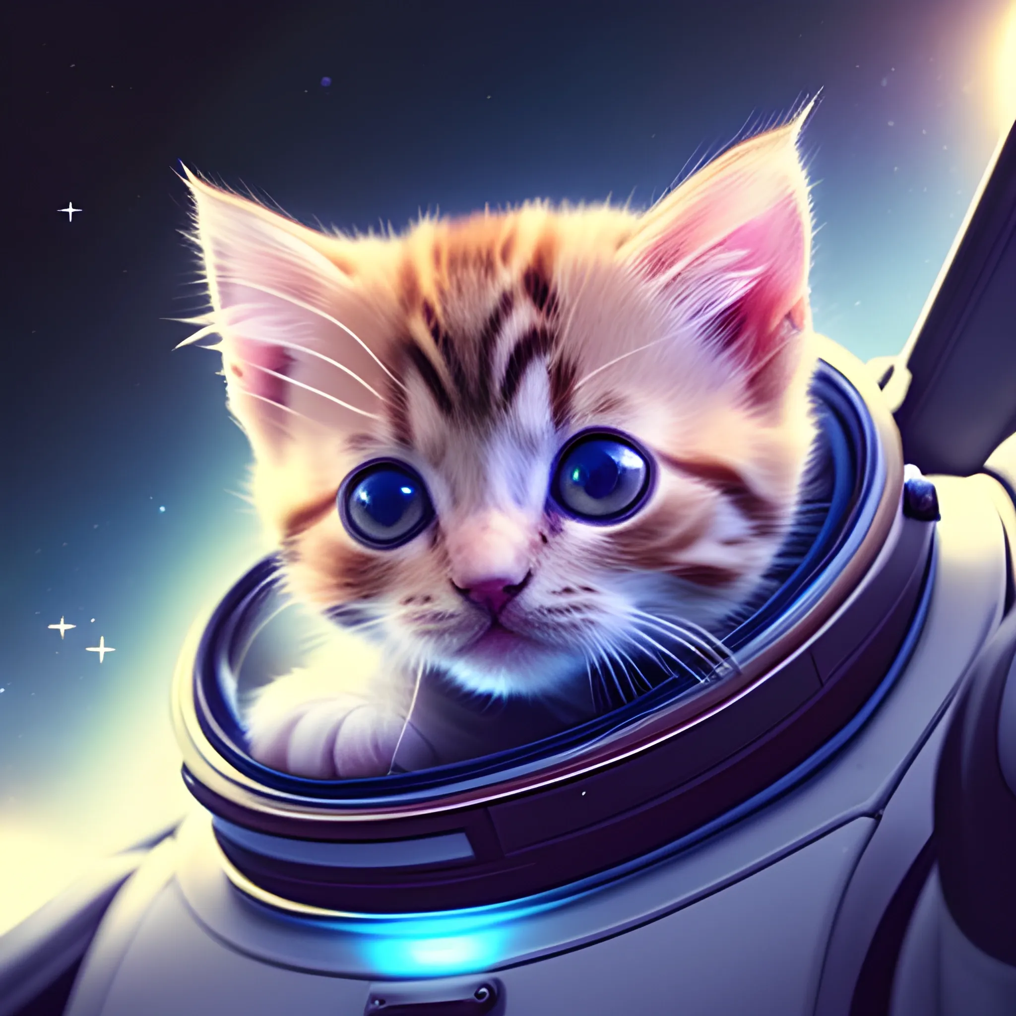 A cute kitten driving a spaceship (subject) in space (scene) close-up (camera angle) soft light (additional parameter)