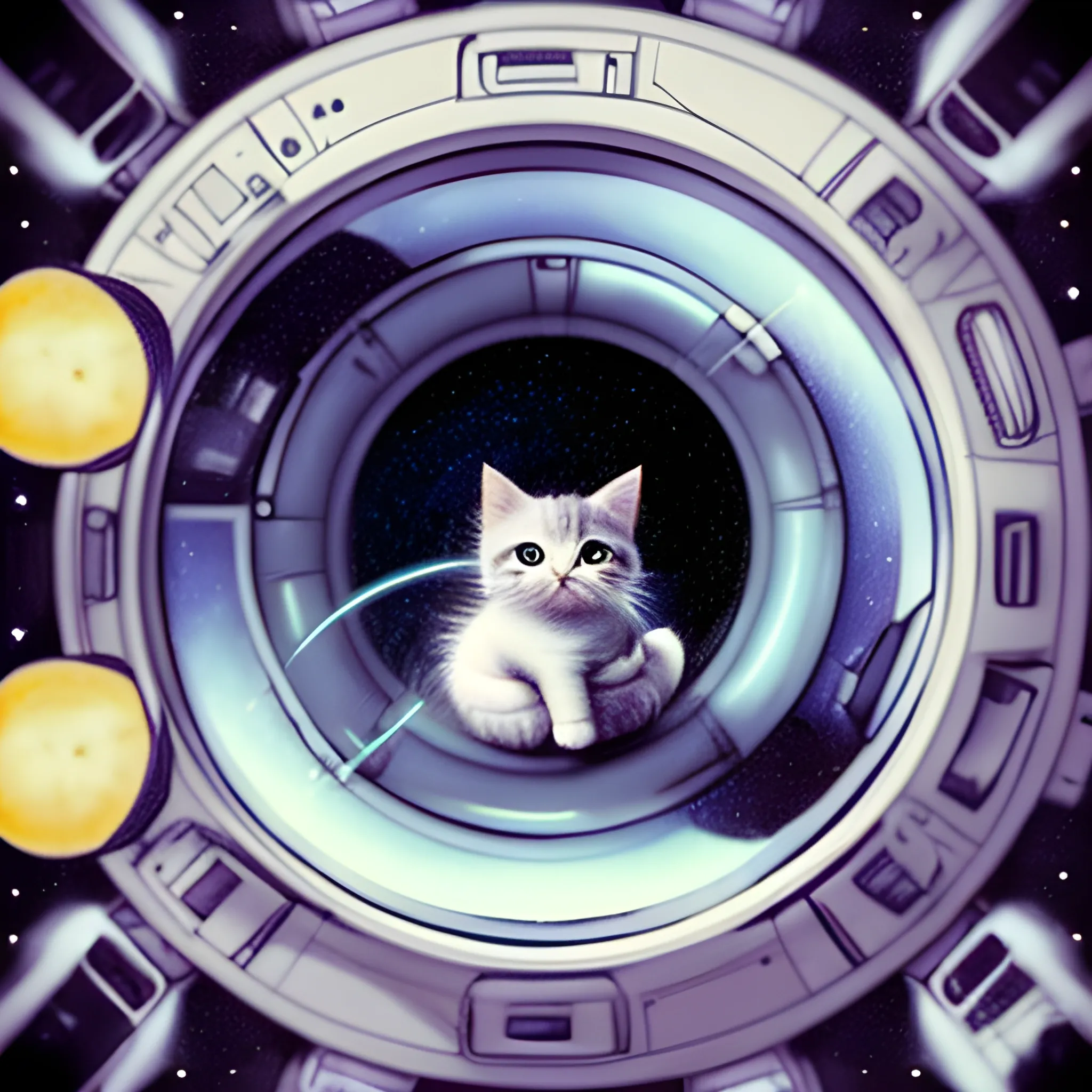 A cute kitten driving a spaceship (subject) in space (scene) close-up (camera angle) soft light (additional parameter), Pencil Sketch