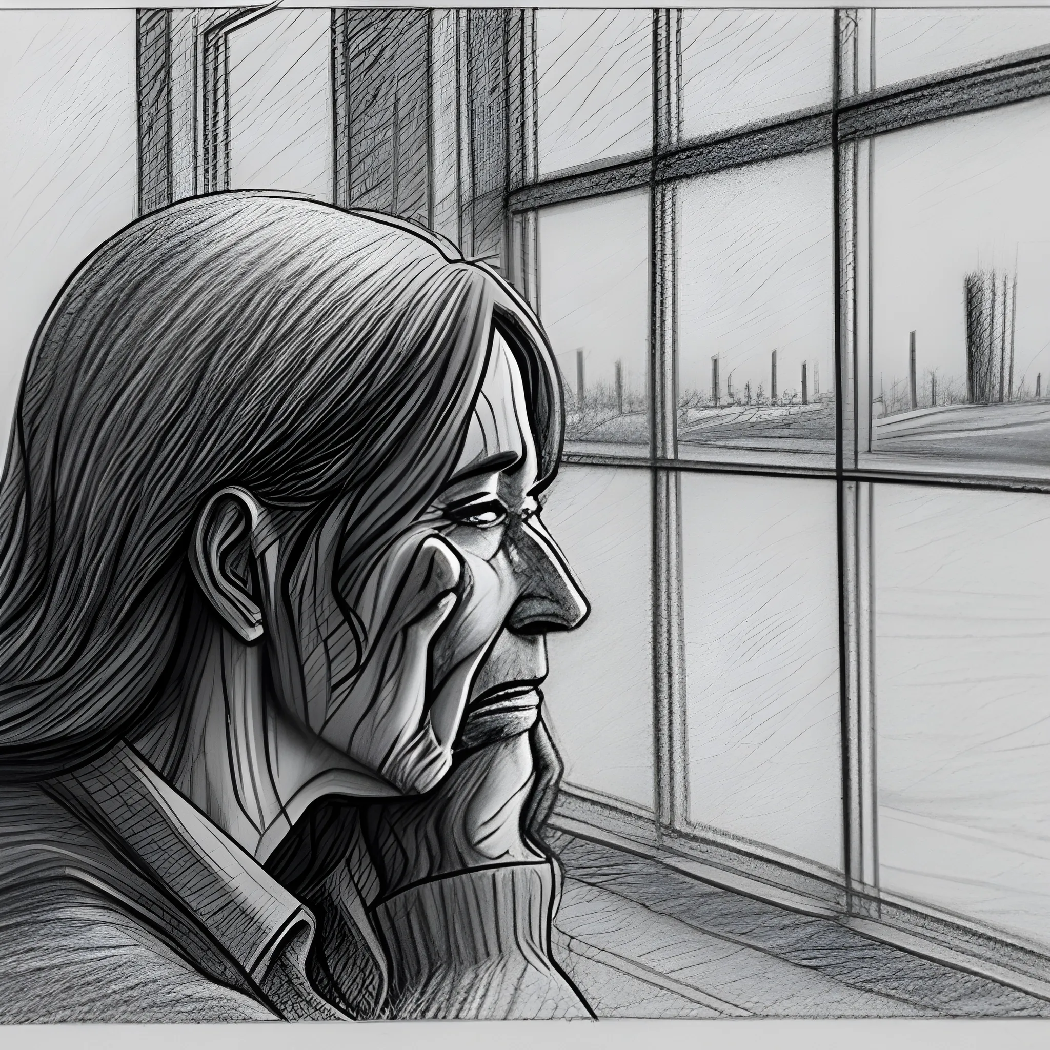 A medium shot of a crying girl,  leaning against the window, we can only see her side face, with a huge factory outside, in dim light., Pencil Sketch