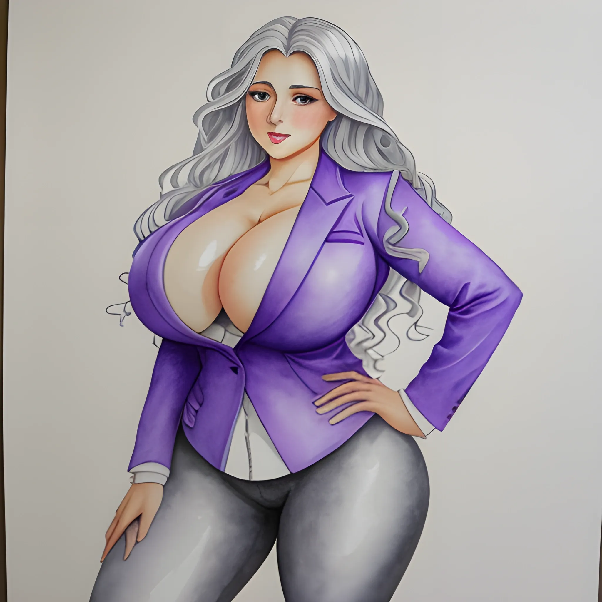 Long wavy silver haired women with lavender accents in a tight fitting business suit coat with giant boobs and huge thick thighs and a massive butt., Water Color