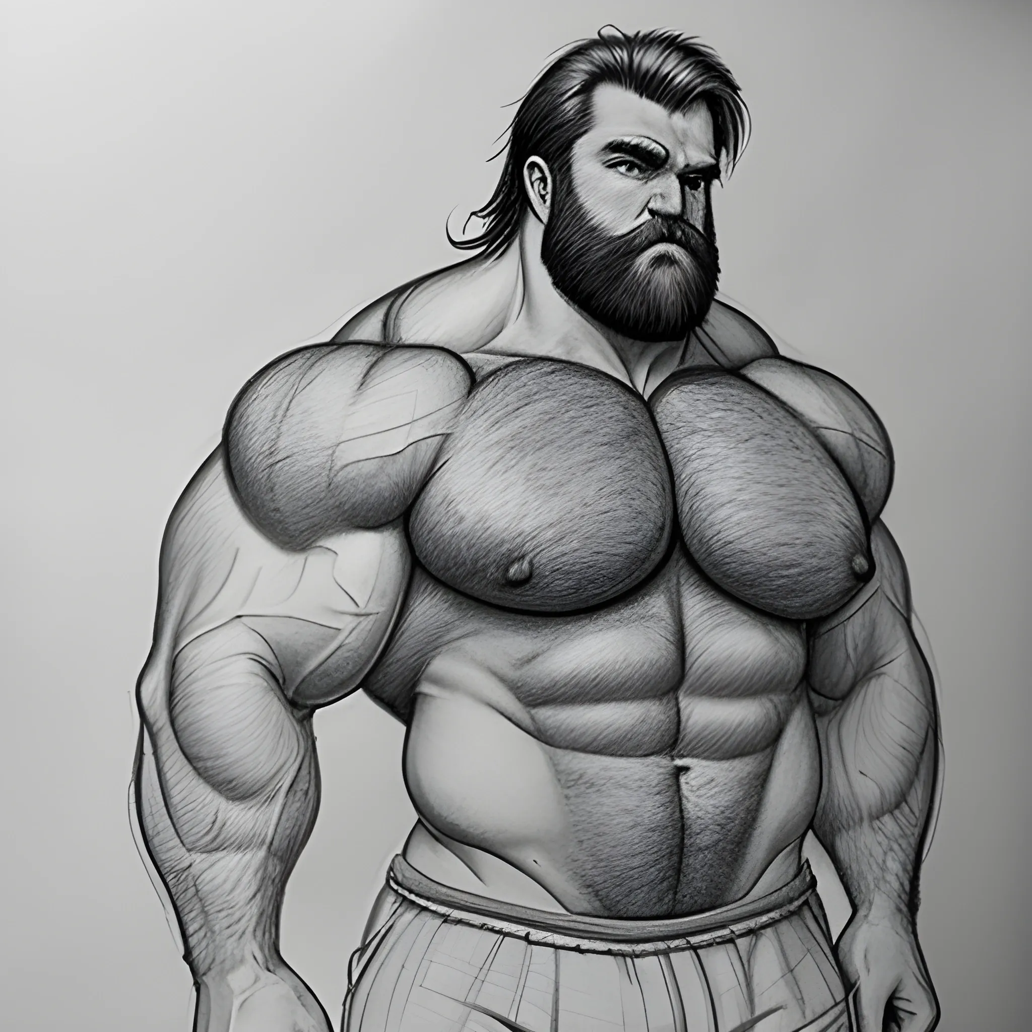 Pencil Sketch a big, muscular hairy man with big breasts full... - Arthub.ai