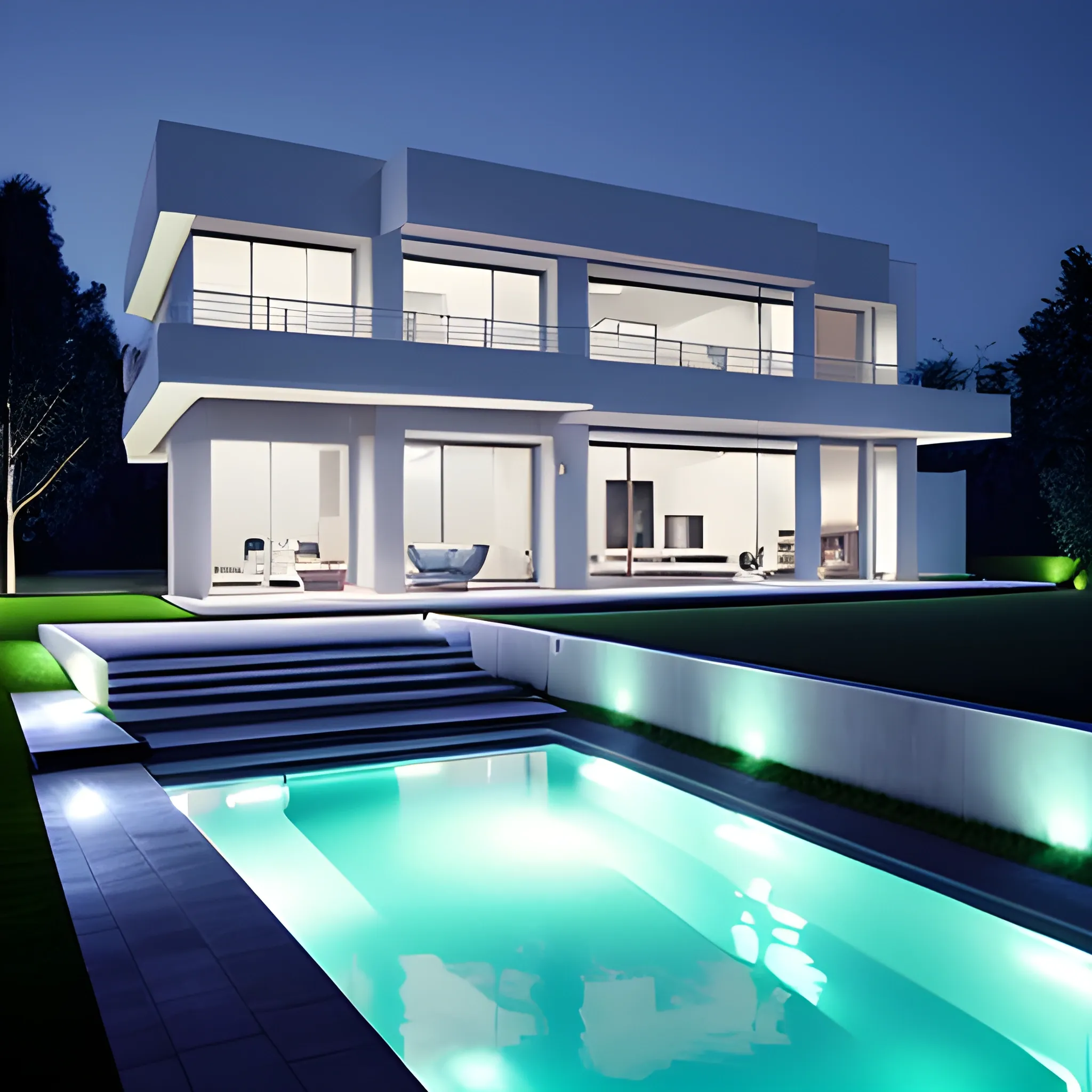 Ultra realistic modern house with a pool, night time, led trimming in pool