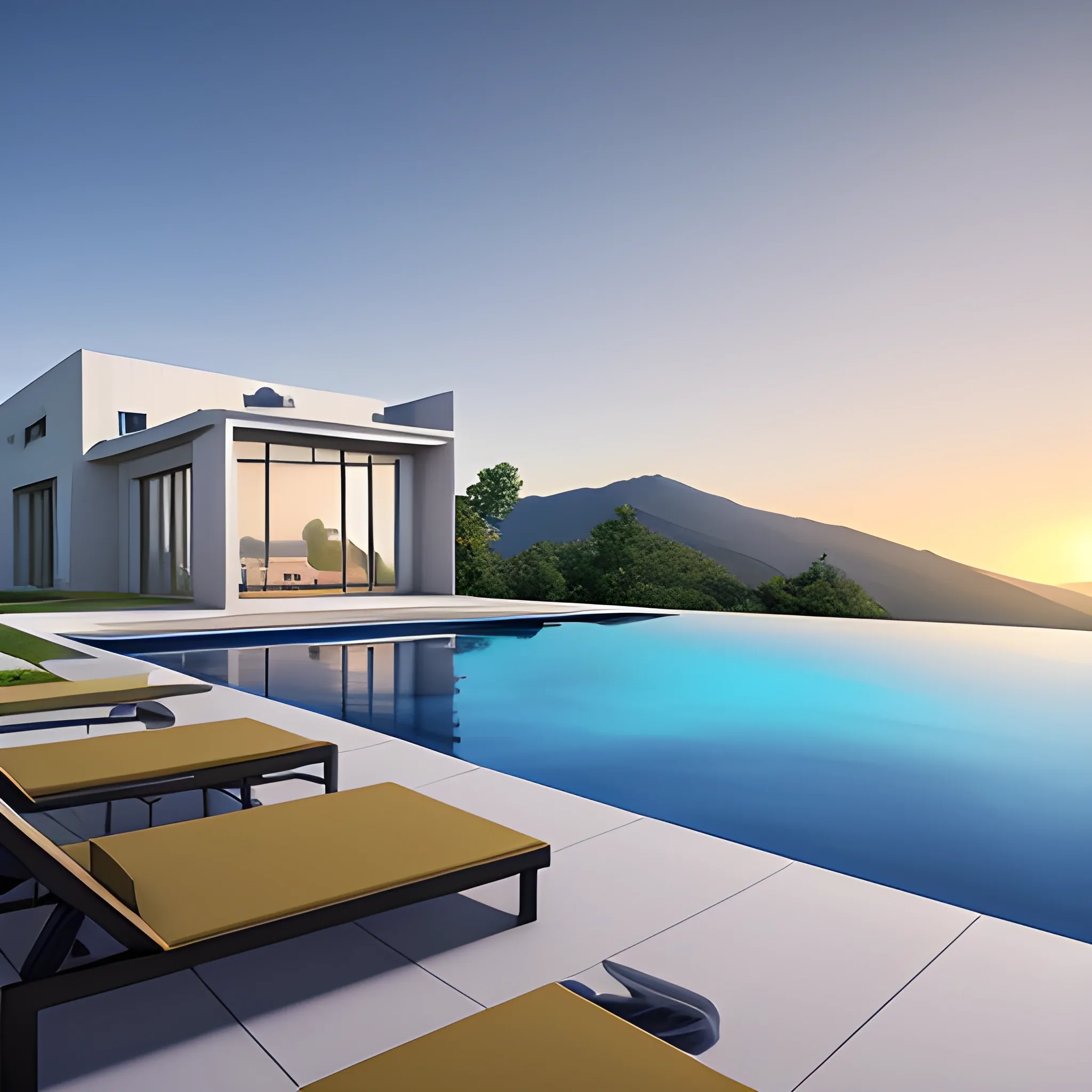 Ultra realistic modern house with a pool on the side on  mountain with the sun in the distance