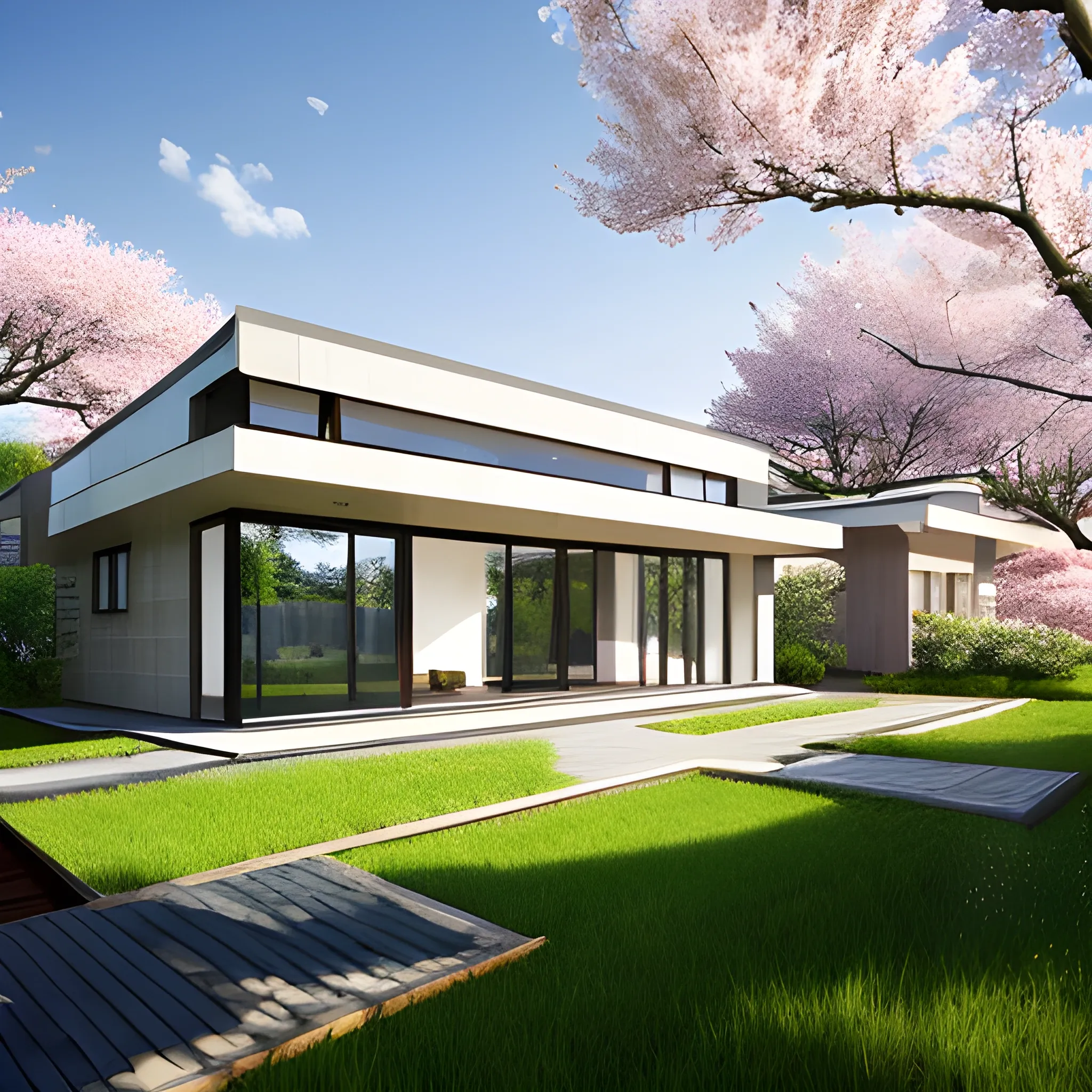 realistic modern house in a cherry blossom biome, sun in the distance 