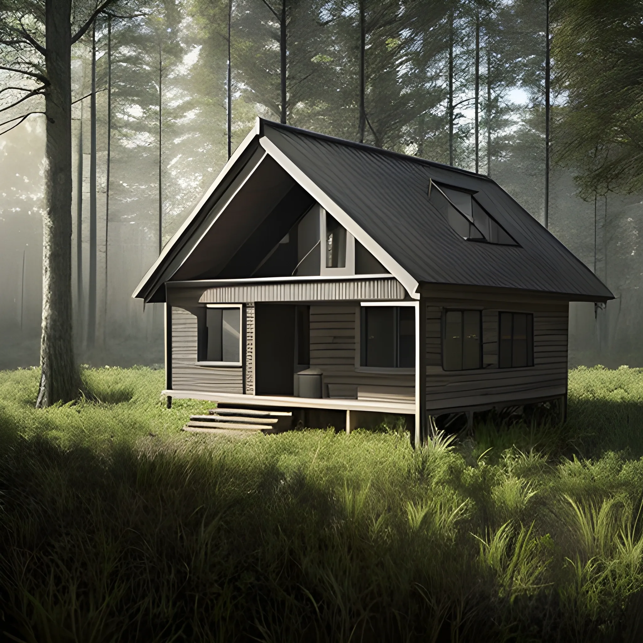 Ultra realistic charcoal house in a forest with sun in the distnace