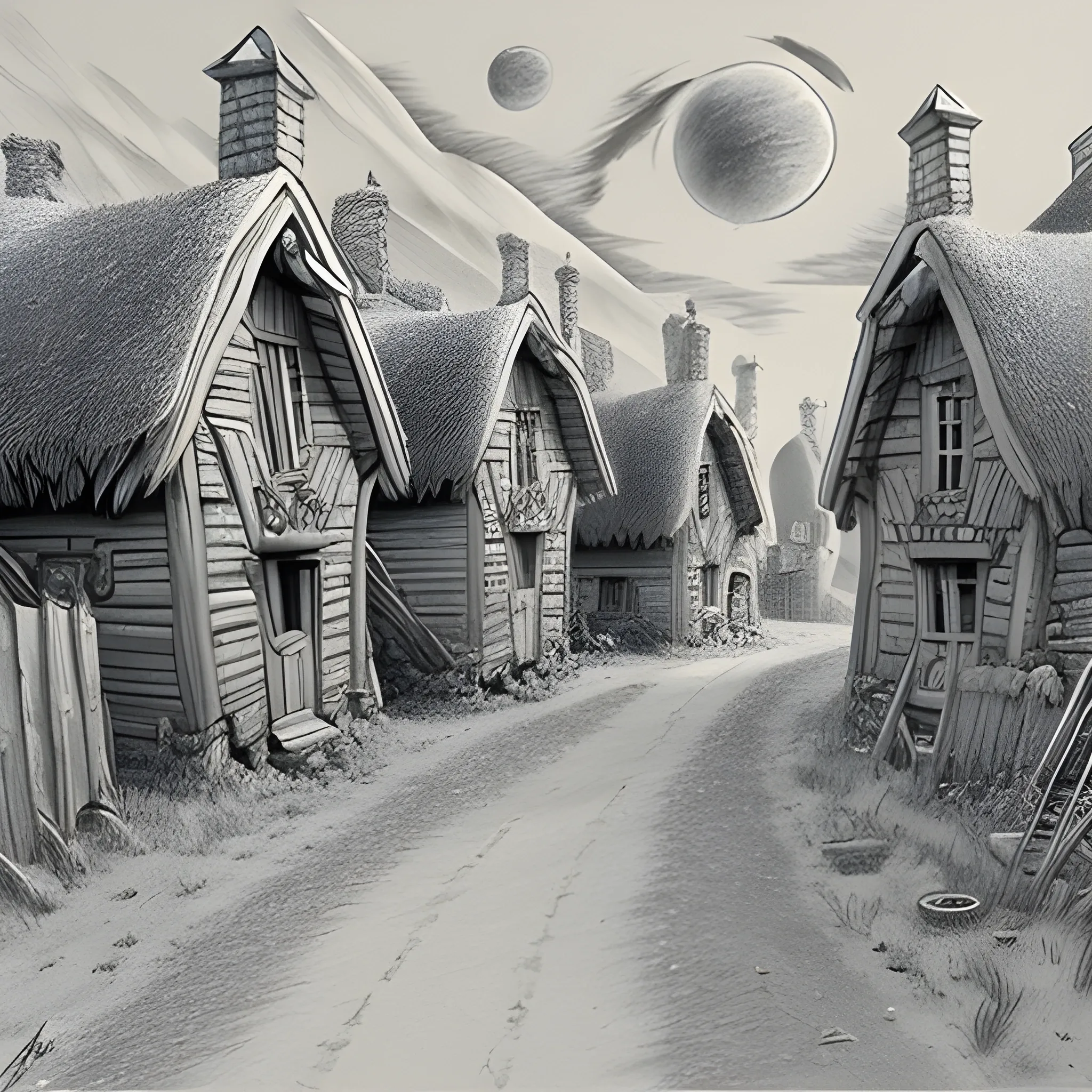 village moyenâgeux dans un univers fantastique style Aliedn Gigeer, Pencil Sketch