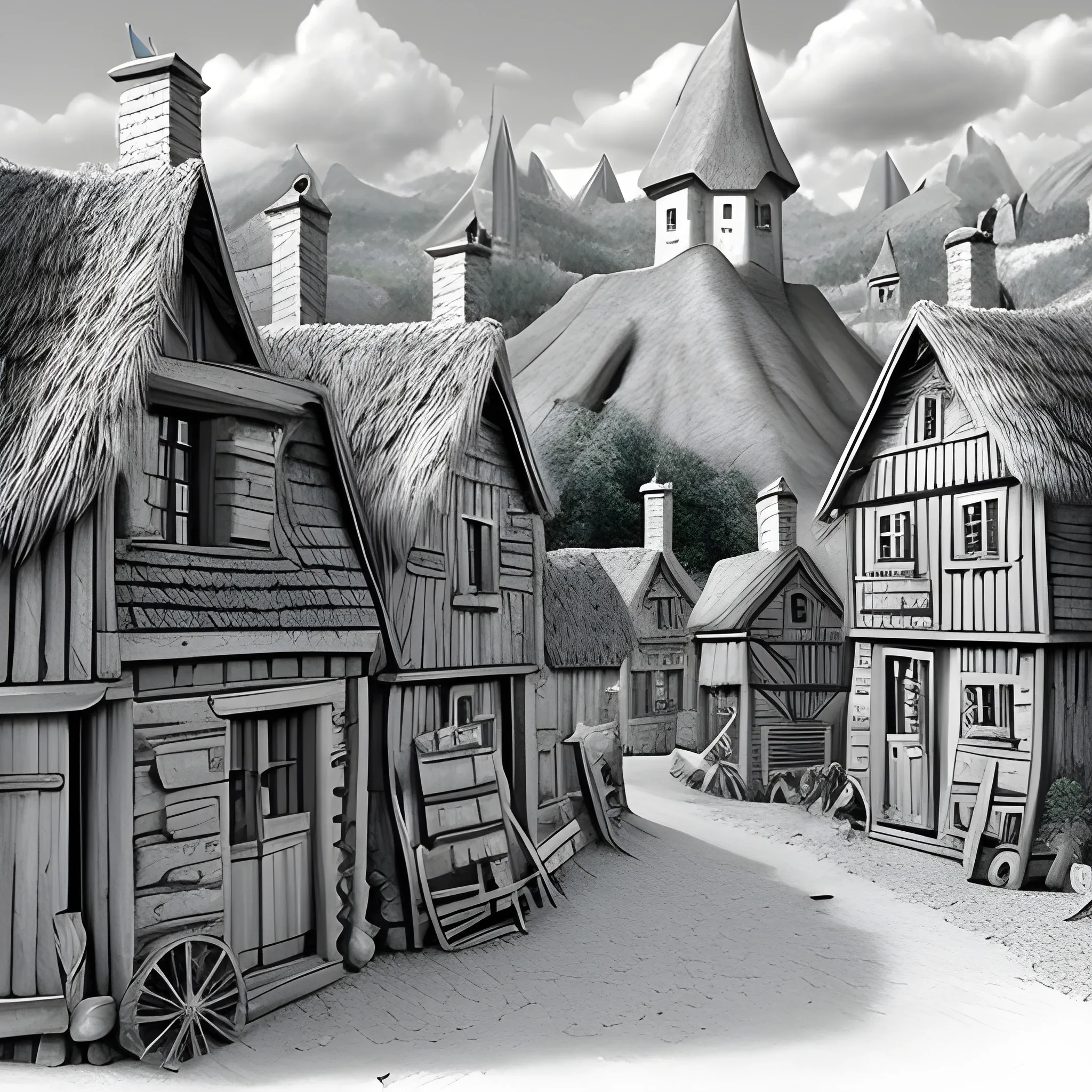 village moyenâgeux dans un univers fantastique style Aliedn Gigeer, Pencil Sketch, 3D