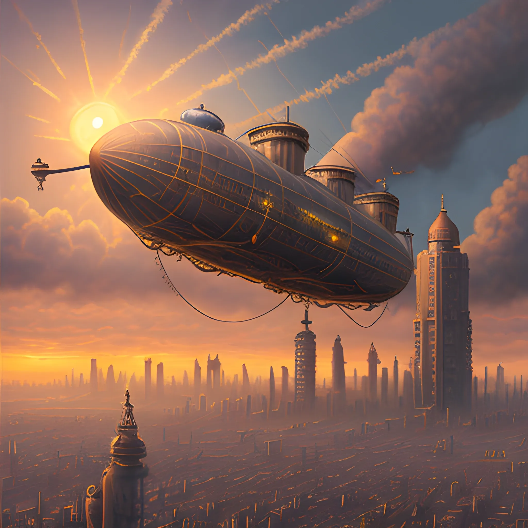 Realistic painting of a steampunk city skyline, cloudy sky, light smog, sunset, airships flying