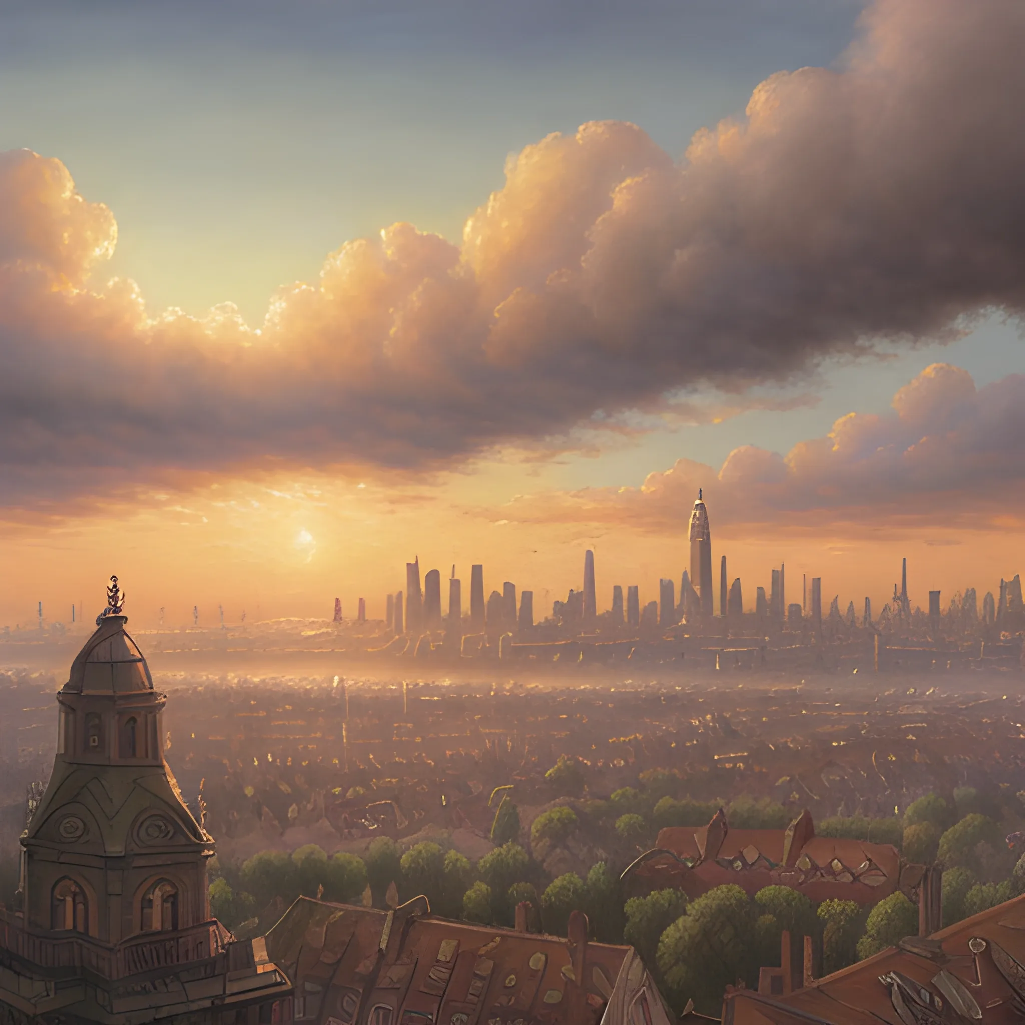 Realistic painting of a victorian city skyline, cloudy sky, light smog, sunset, airships flying