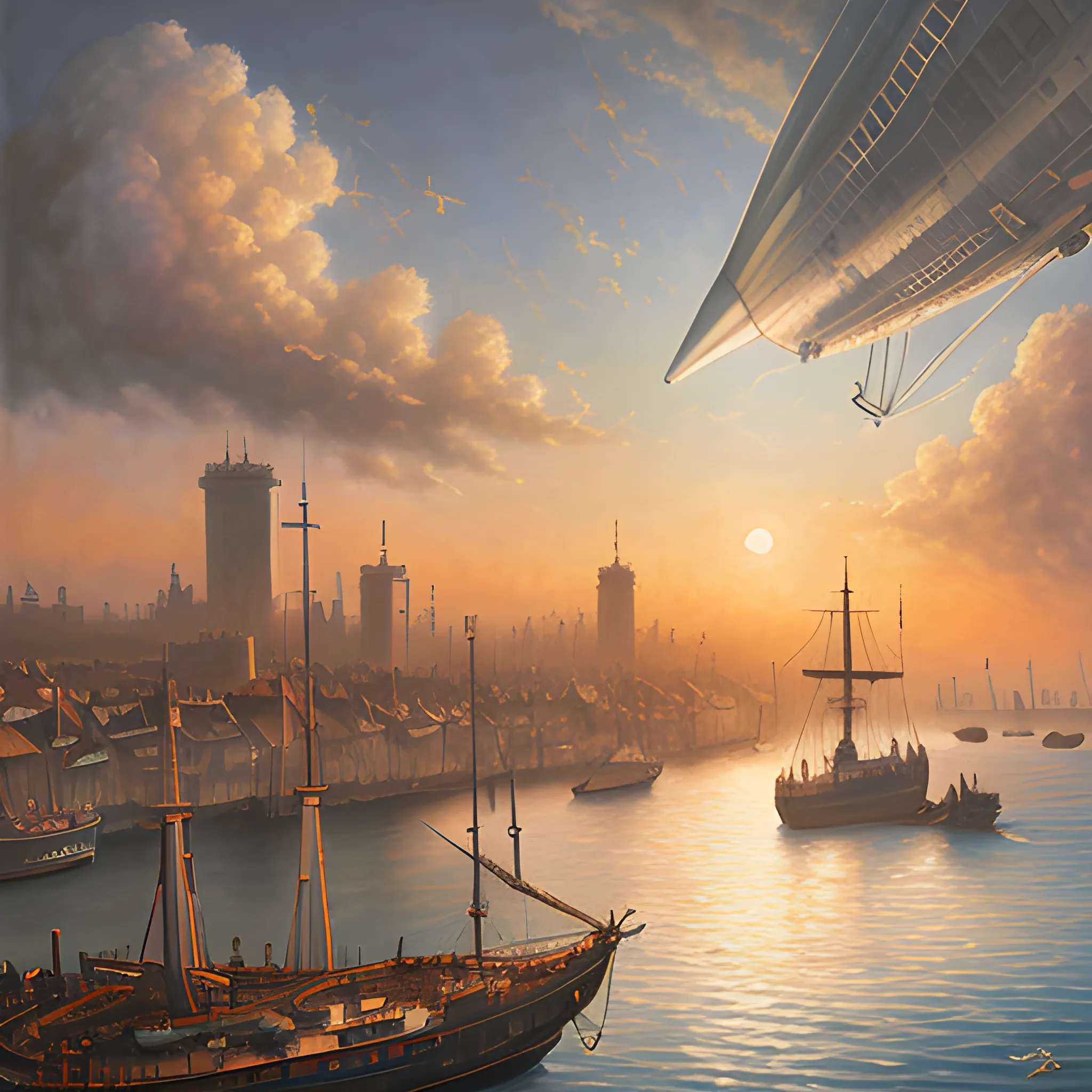 Realistic painting of a victorian port city, cloudy sky, light smog, sunset, airships flying