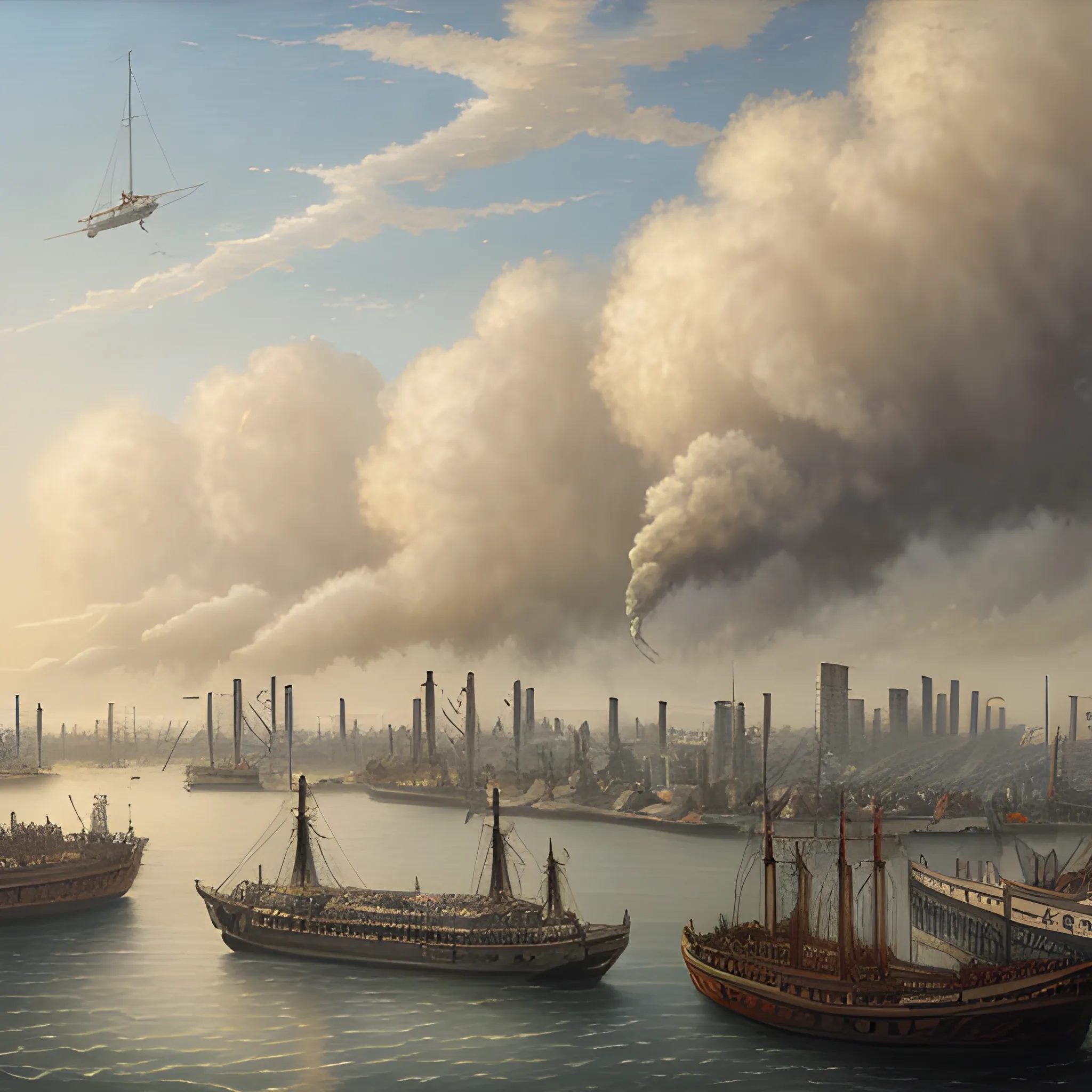 Realistic painting of a victorian port city, cloudy sky, smog, airships flying