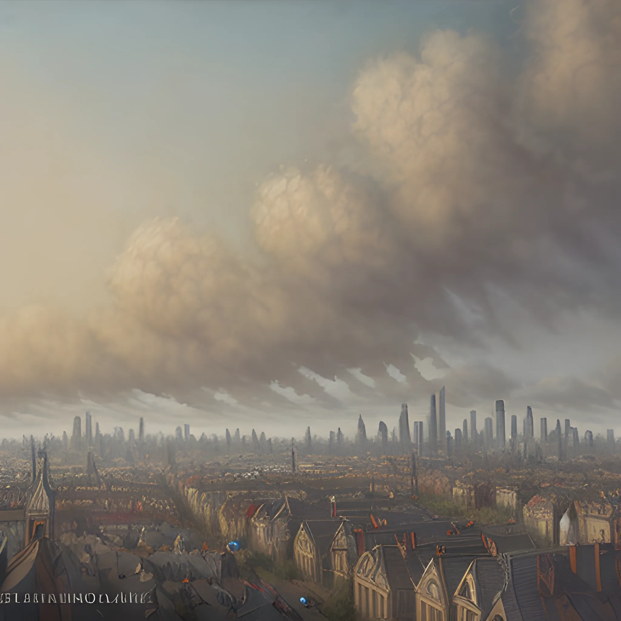 Realistic painting of a victorian city skyline, cloudy sky, smog