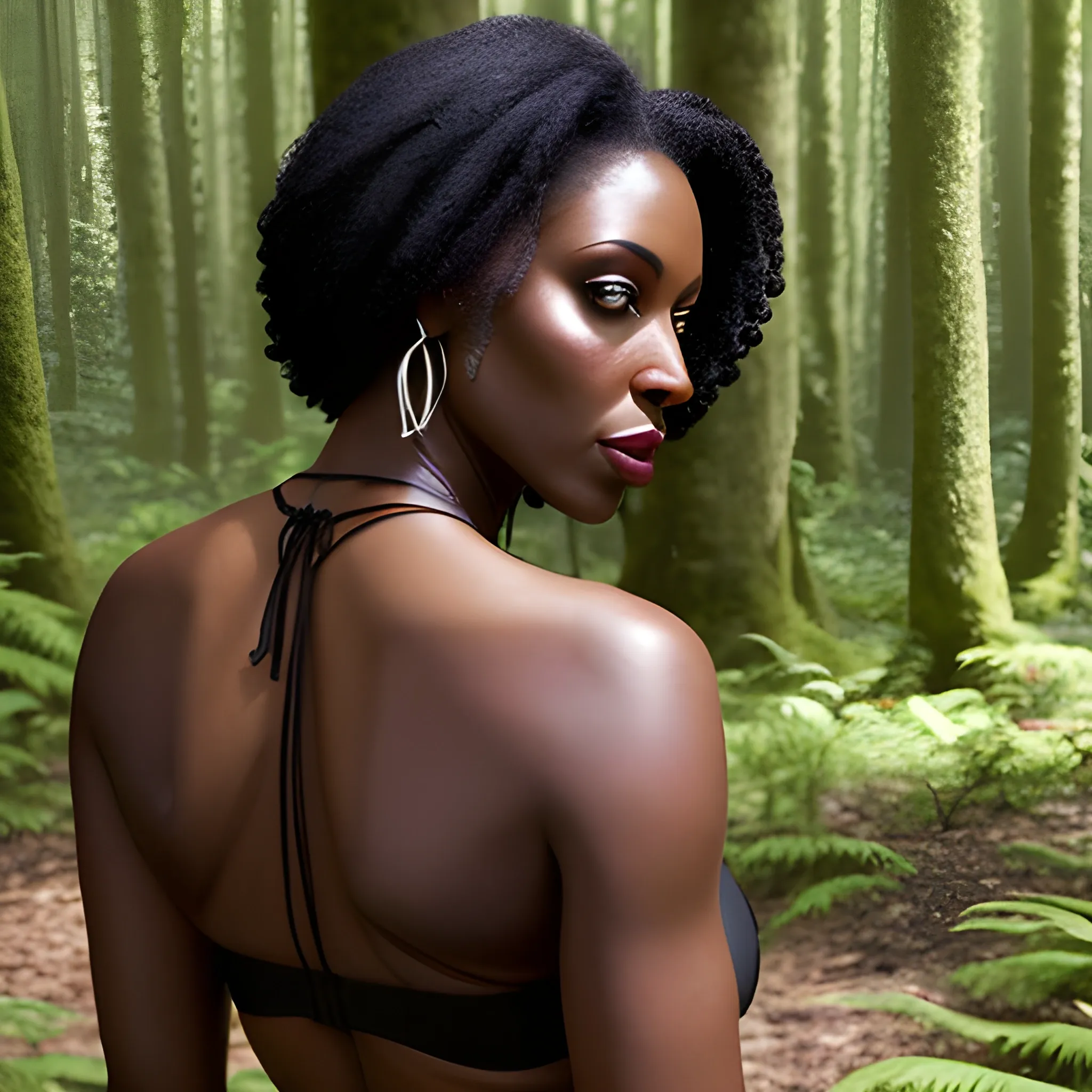 a girl in a forest with her back to the camera and a man in the background, breasts, looking_at_viewer, short_hair, multiple_girls, black_hair, 2girls, bare_shoulders, jewelry, medium_breasts, underwear, standing, panties, ass, earrings, outdoors, parted_lips, solo_focus, day, looking_back, dark_skin, from_behind, dark-skinned_female, tree, lips, crop_top, back, nature, armlet, forest, thong, realistic, bracer