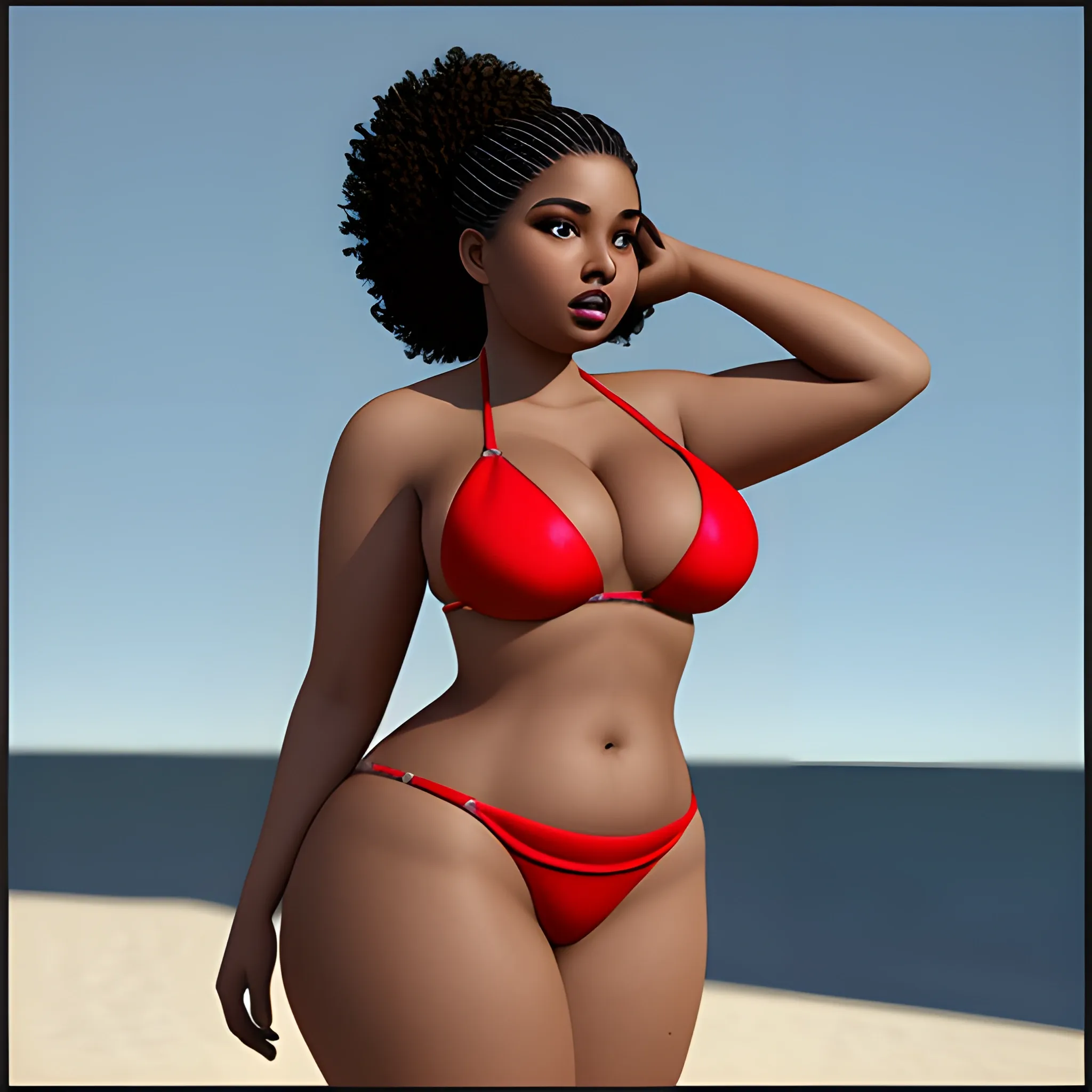 curvy woman with mixed skin in a luxury bikini standing up
, 3D