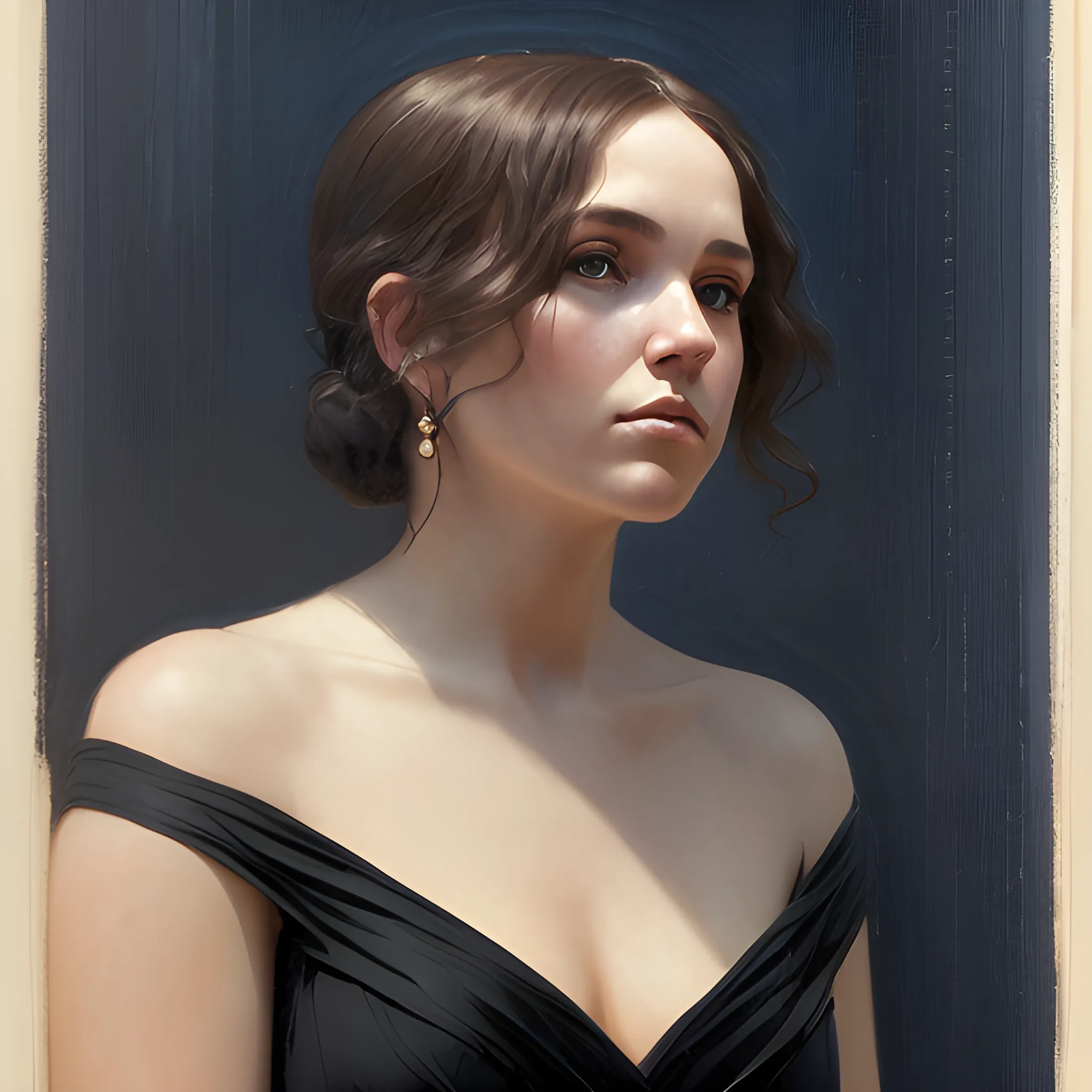 a woman poses in a black dress, in the style of soft edges and atmospheric effects, romanesque, pop inspo, michael malm, close-up shots, the blue rider, warmcore --ar 1:2 