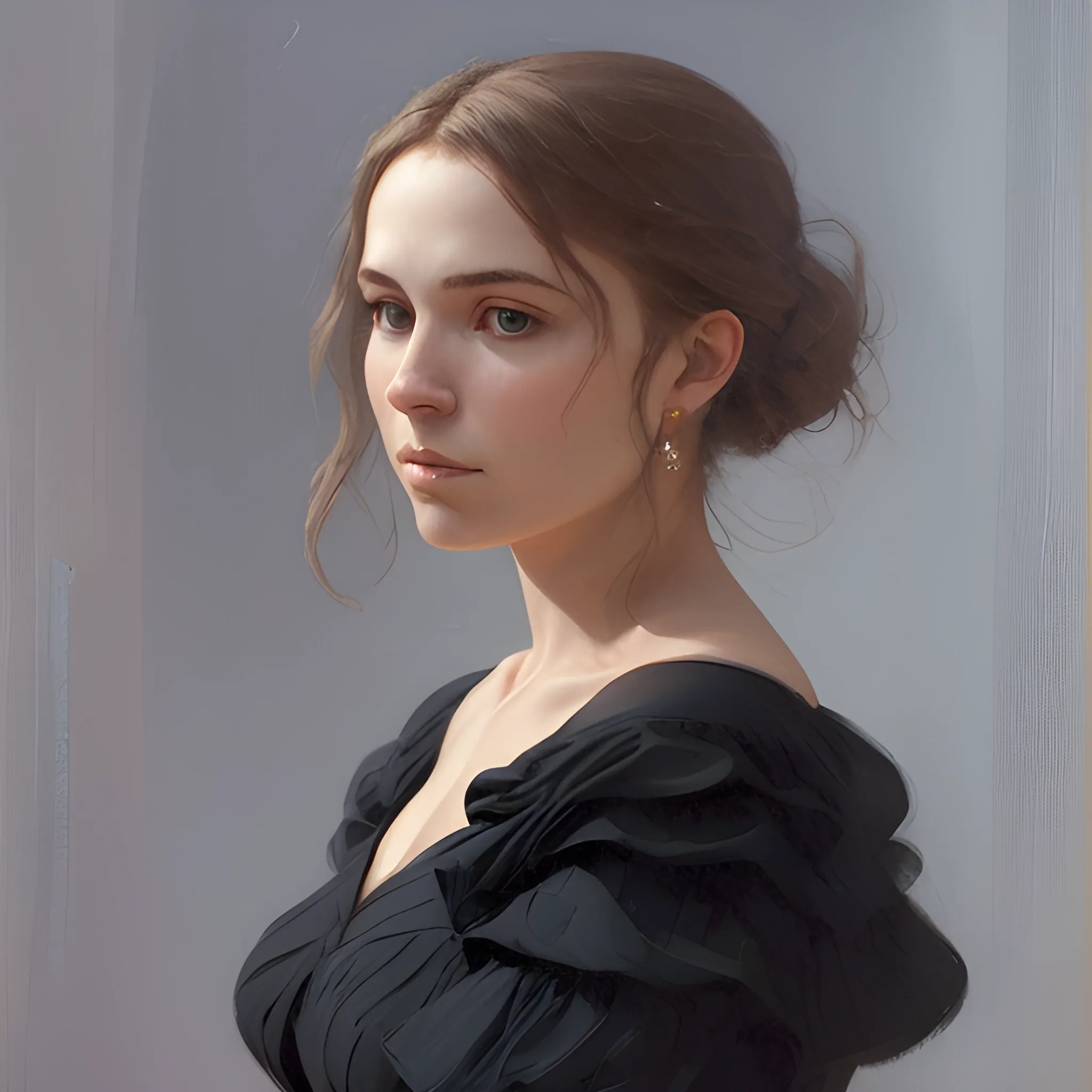 a woman poses in a black dress, in the style of soft edges and atmospheric effects, romanesque, pop inspo, michael malm, close-up shots, the blue rider, warmcore --ar 1:2 