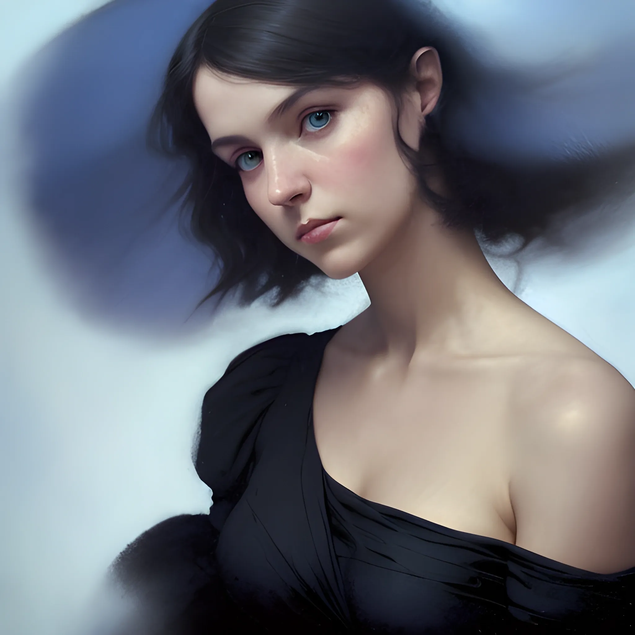 a woman poses in a black dress, in the style of soft edges and atmospheric effects, romanesque, pop inspo, michael malm, close-up shots, the blue rider, warmcore --ar 1:2 , Trippy