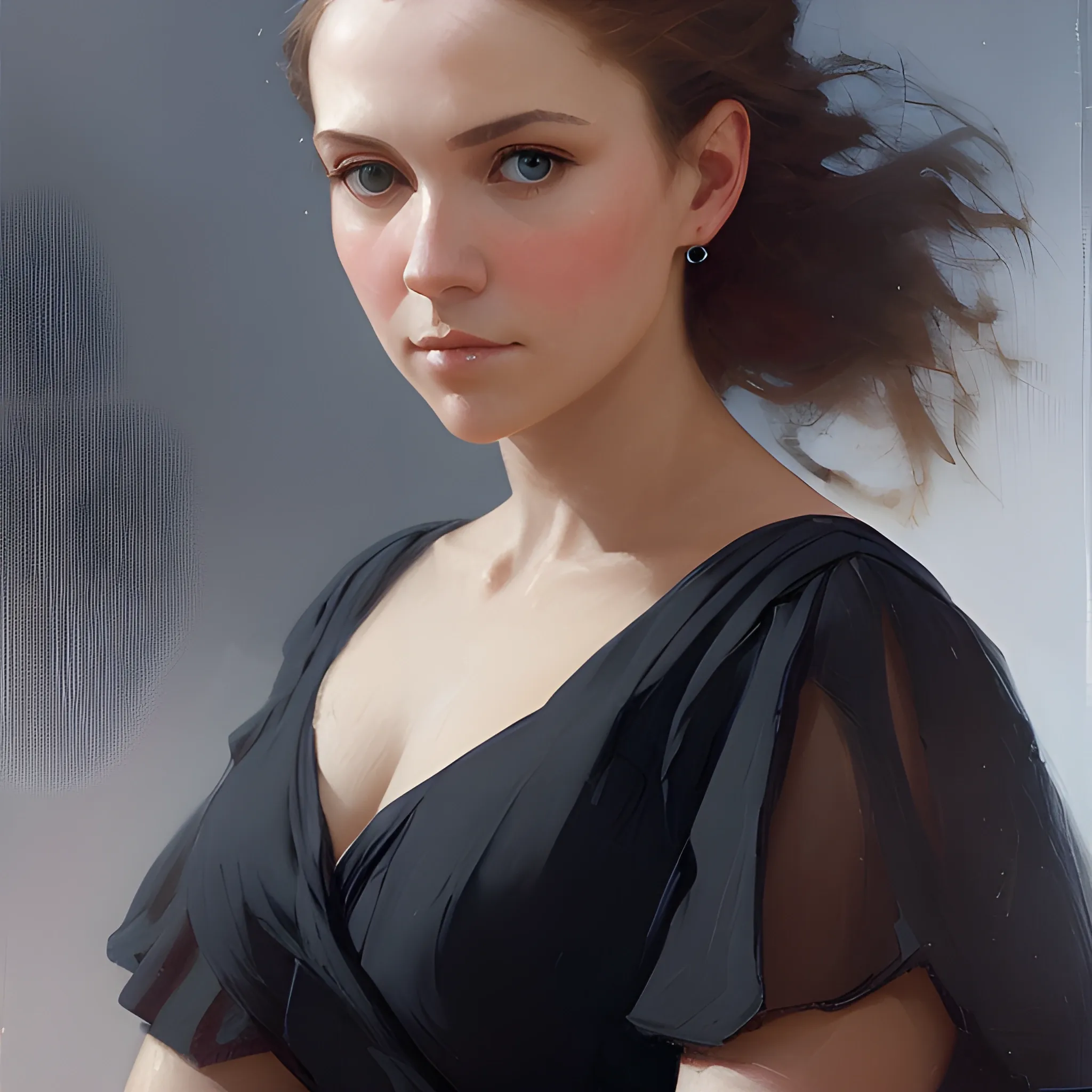 a woman poses in a black dress, in the style of soft edges and atmospheric effects, romanesque, pop inspo, michael malm, close-up shots, the blue rider, warmcore --ar 1:2 , , Oil Painting