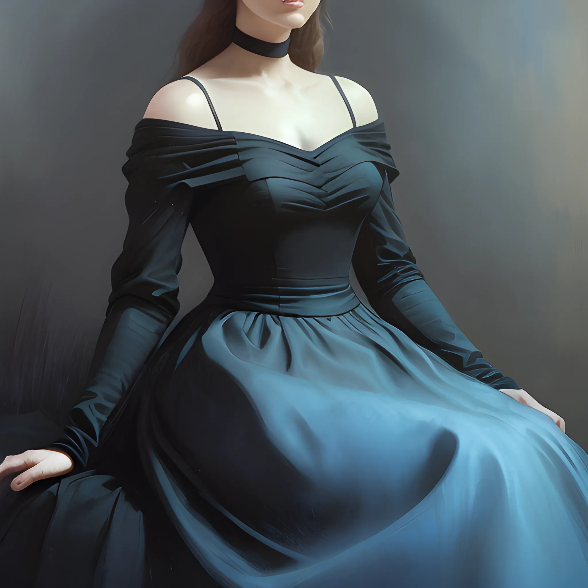 a woman poses in a black dress, in the style of soft edges and atmospheric effects, romanesque, pop inspo, michael malm, close-up shots, the blue rider, warmcore --ar 1:2 , ,3D