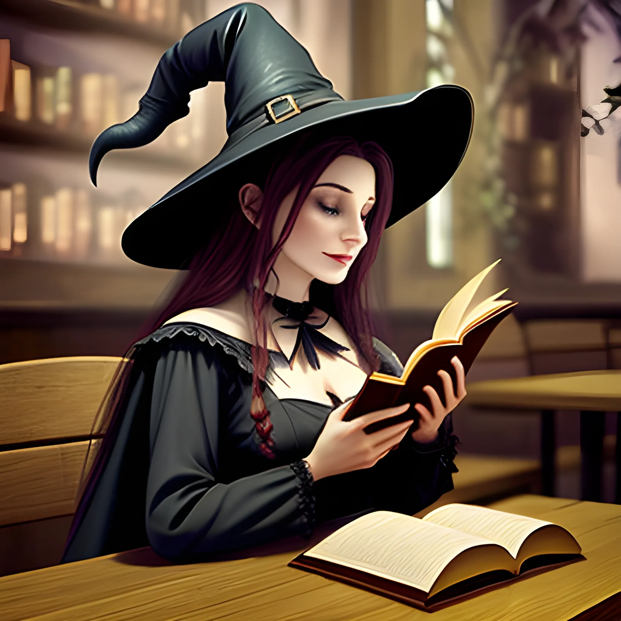 a beautiful witch reading a book in the cafe