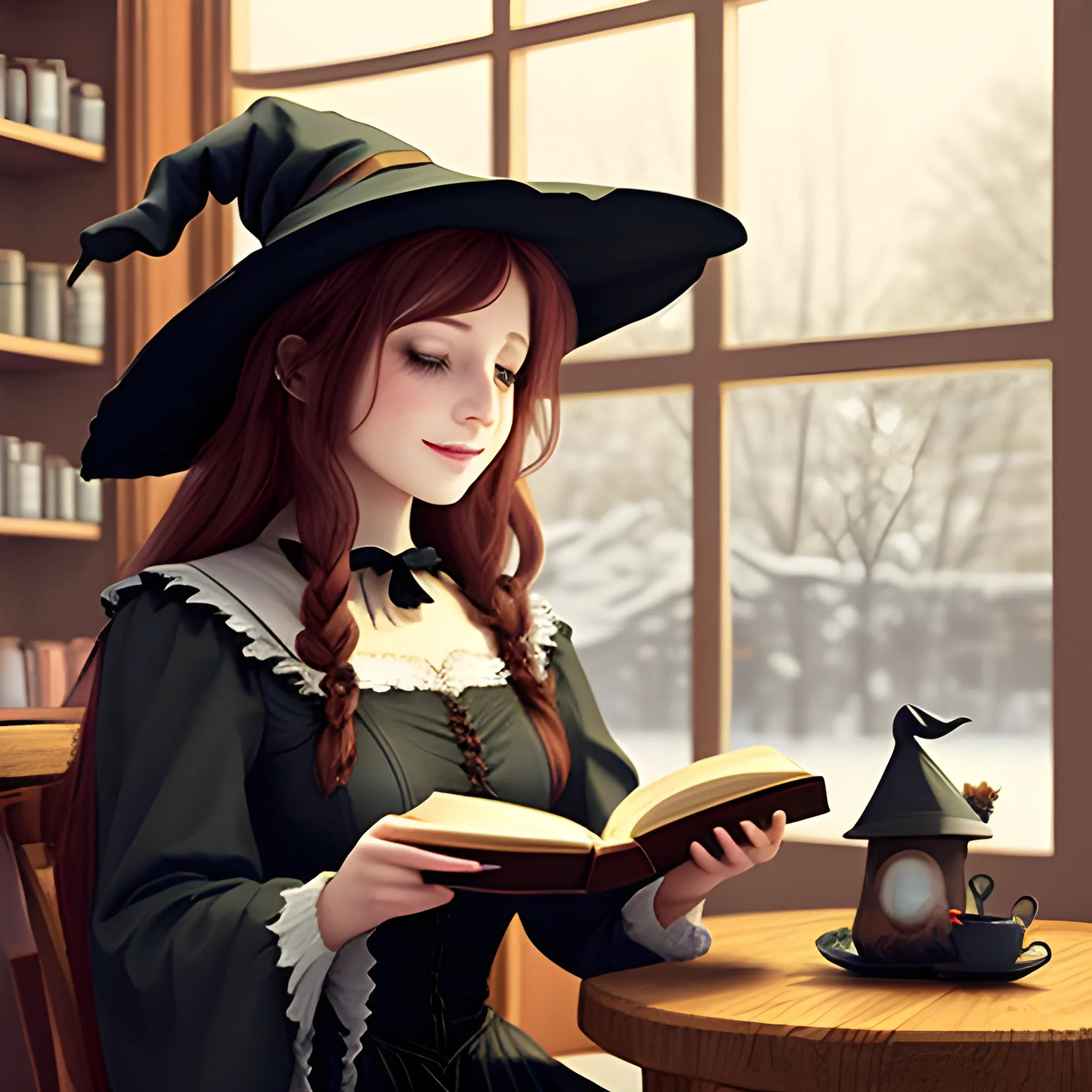 a cute and beautiful witch reading a book in the cafe