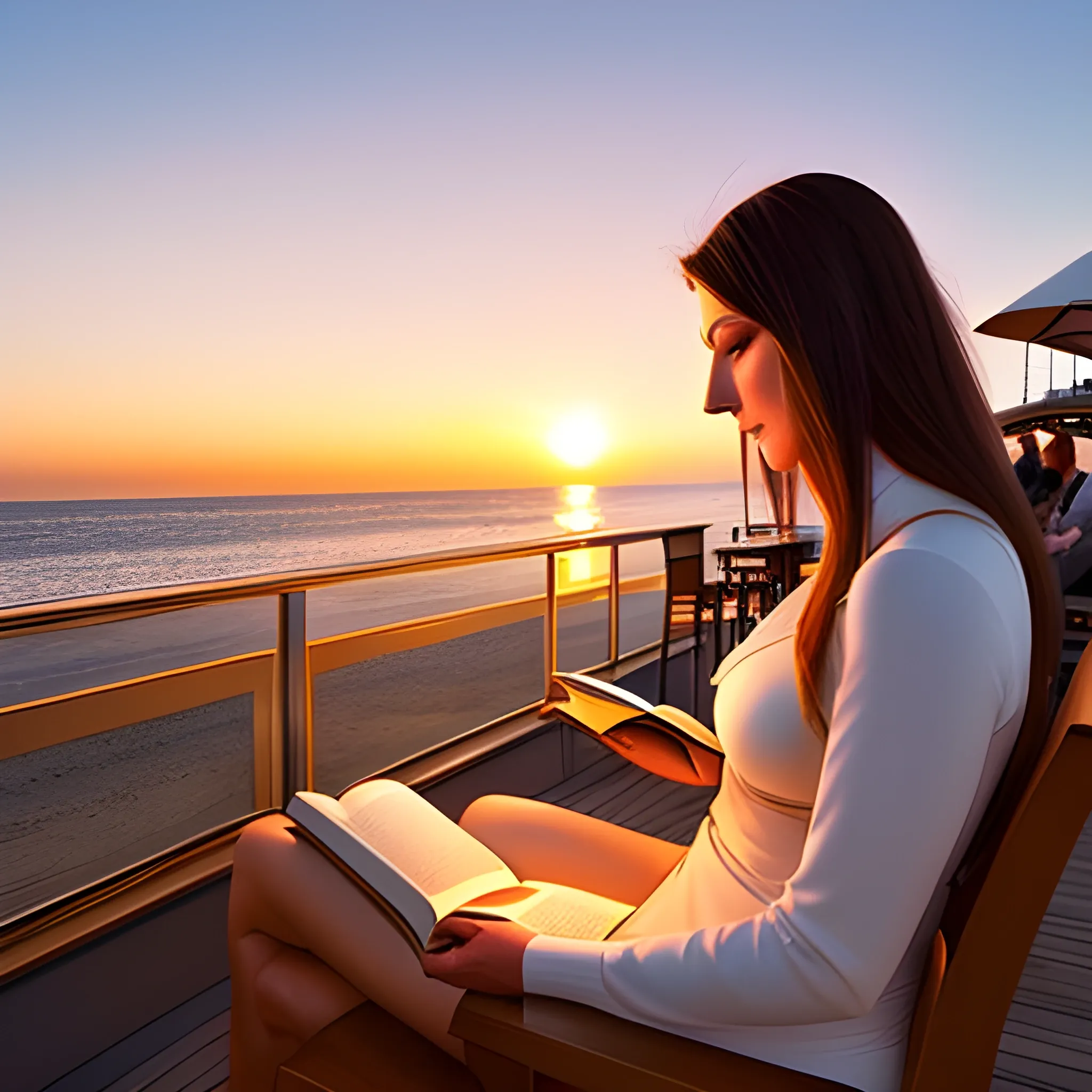 A young and beautiful woman reading a book in the ambiance of a sunset-lit seaside café
