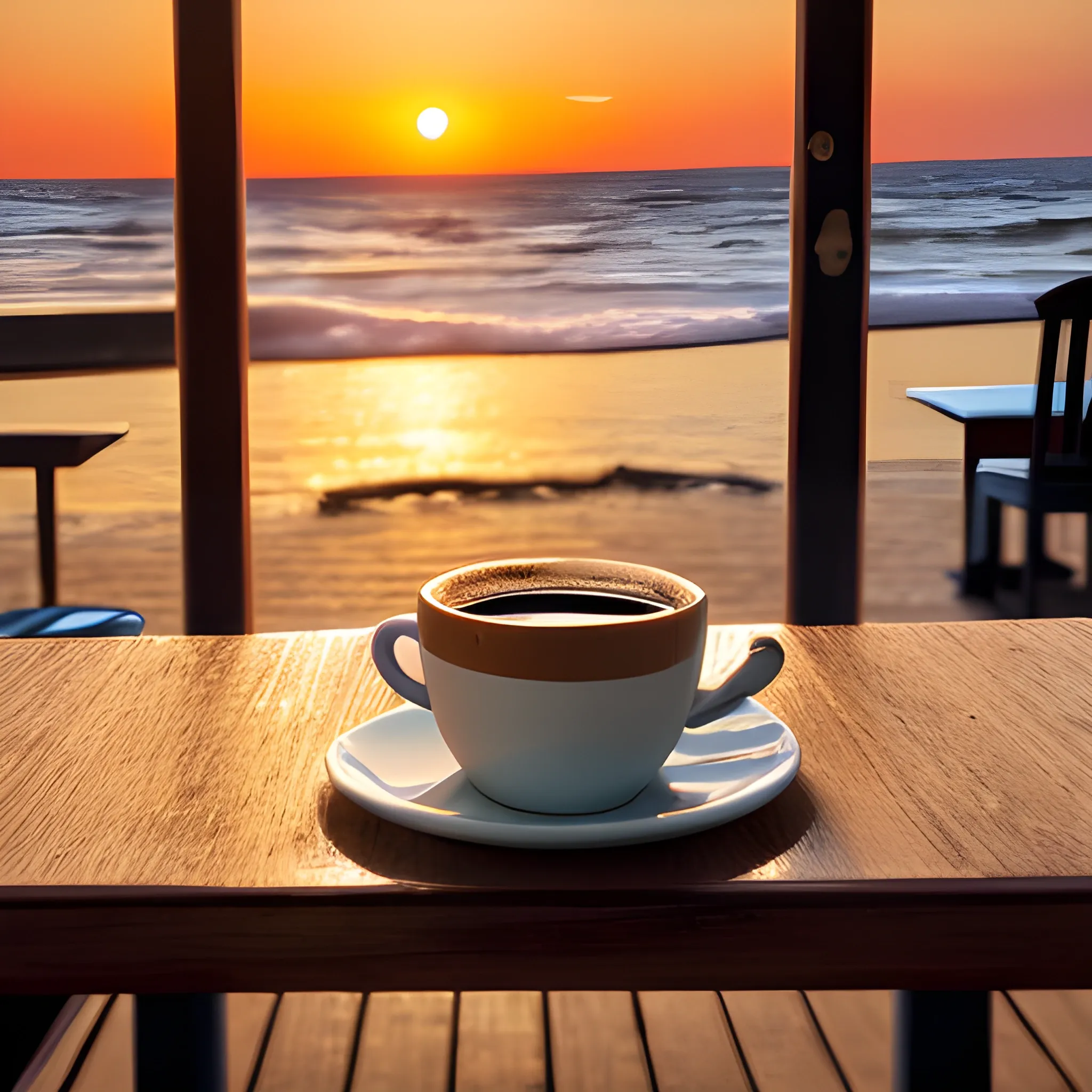Book Blogger Cover. A scene of a book and a warm cup of coffee on a table at a seaside café bathed in the glow of sunset.
