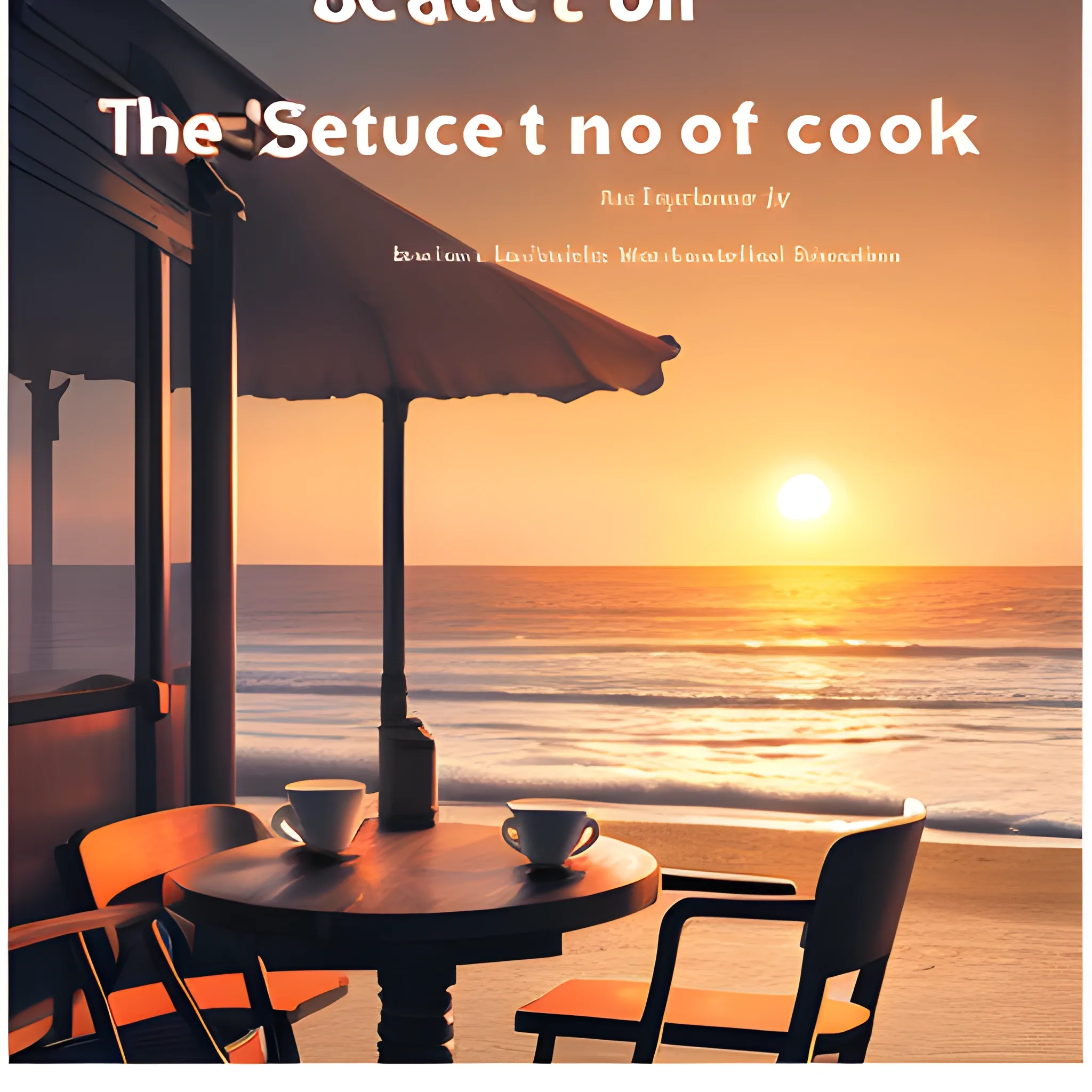 Book Blog Cover. A scene of a book and a steaming cup of warm coffee on a table at a seaside café bathed in the glow of sunset.
