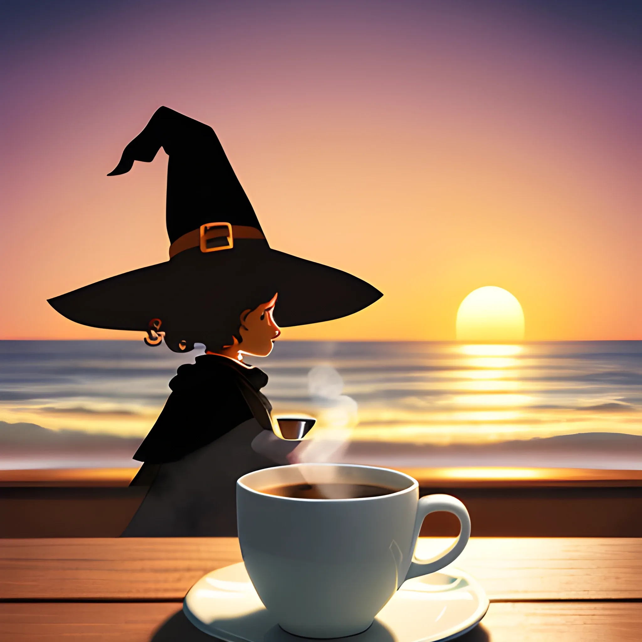 Book Blog Cover. A scene of a book and a steaming cup of warm coffee on a table at a seaside café bathed in the glow of sunset. Add 'POSITIVE WITCH' text at the top.
