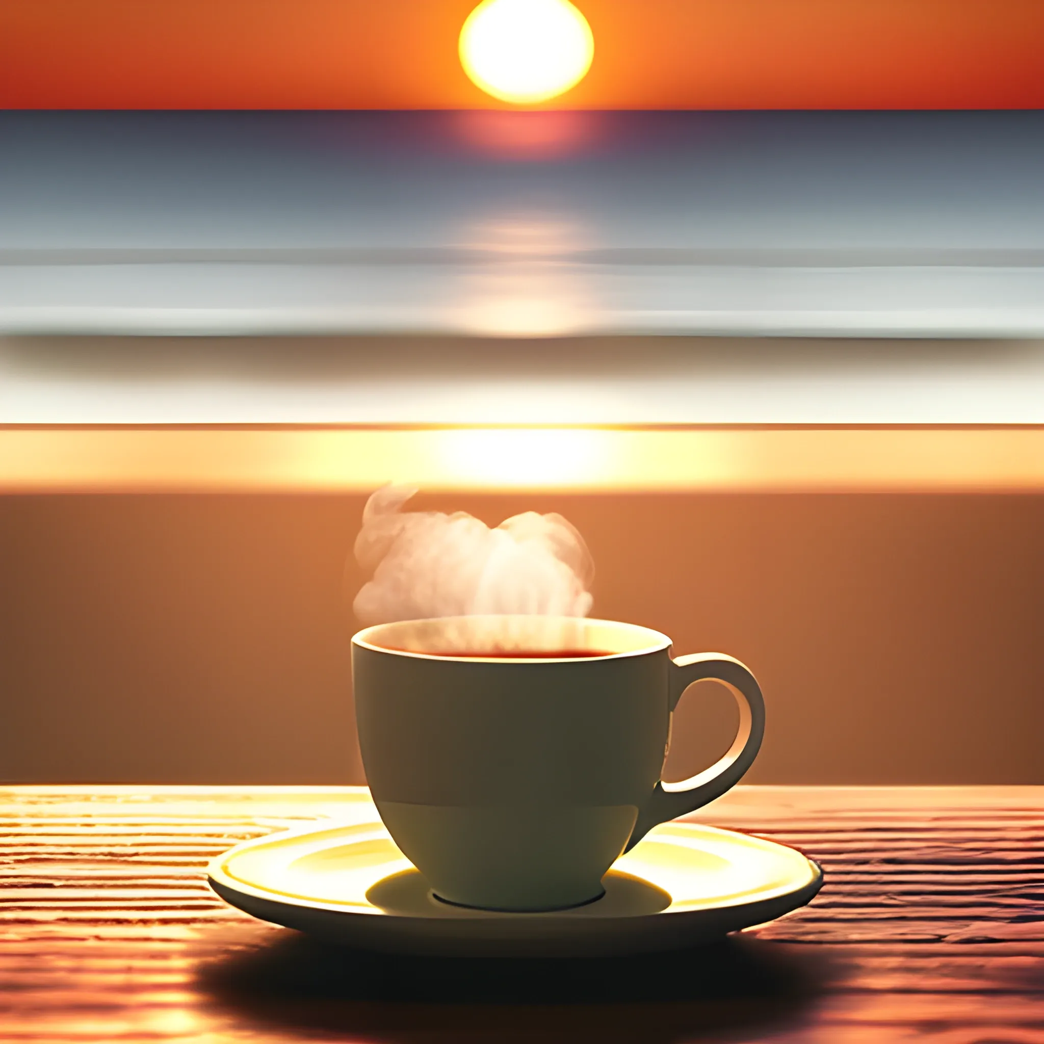 Book Blog Cover. A scene of a book and a steaming cup of warm coffee on a table at a seaside cafe bathed in the glow of sunset. Add 'BOOK WITCH' text at the top.
