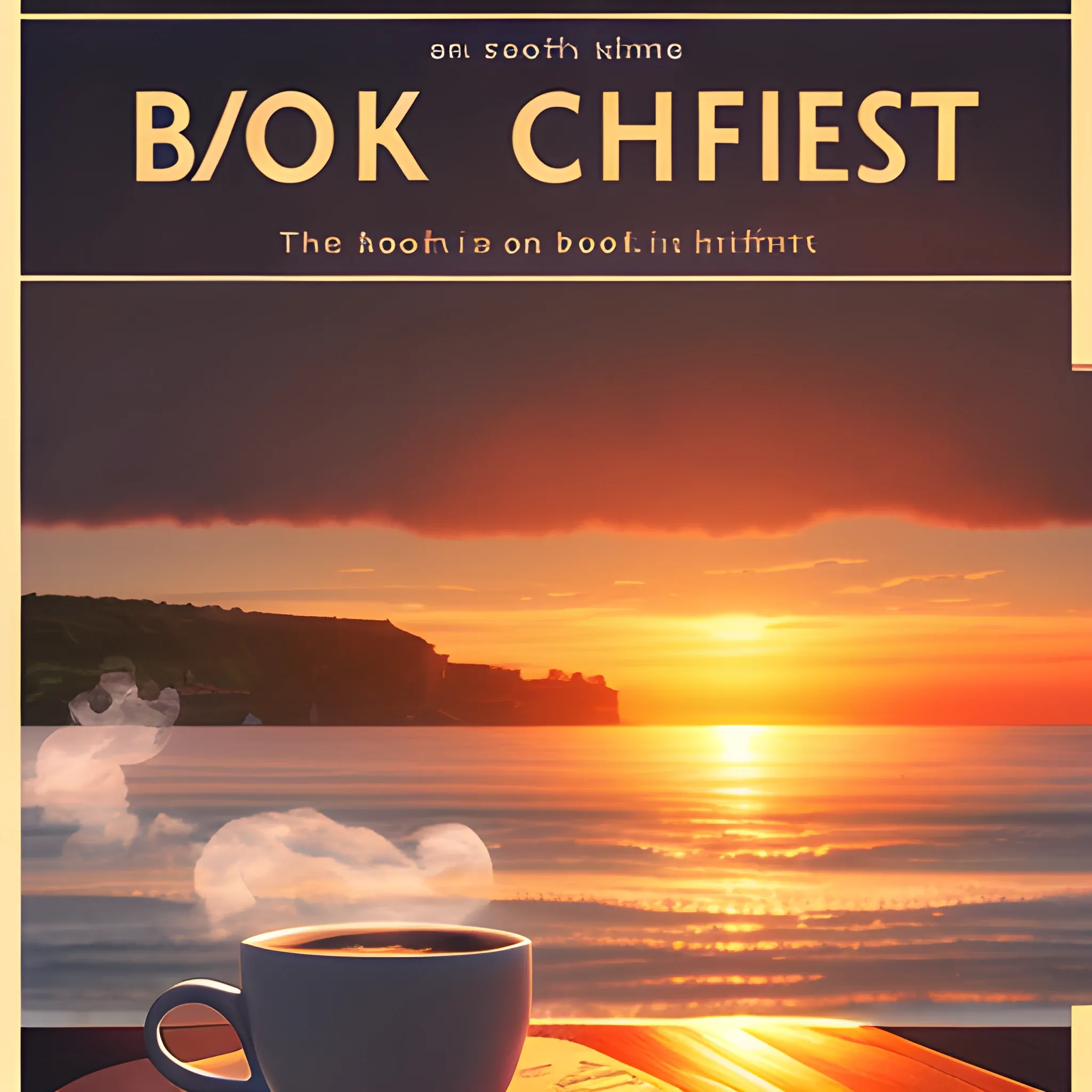Book Blog Cover. A scene of a book and a steaming cup of warm coffee on a table at a seaside cafe bathed in the glow of sunset. Add "BOOK WITCH" text at the right bottom.
