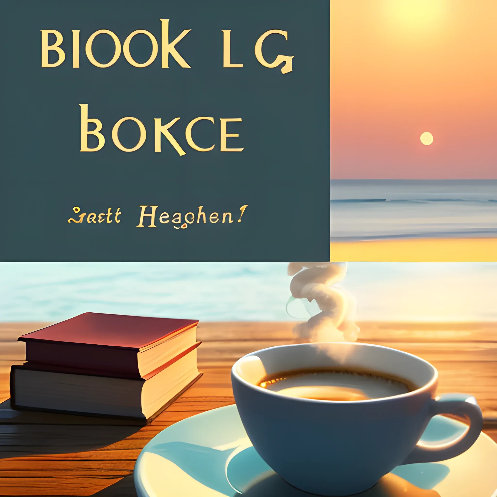 Book Blog Cover. A scene of a book and a steaming cup of warm coffee on a table at a seaside cafe bathed in the glow of sunset. Add "BOOK WITCH" text at the right bottom. And no other text.
