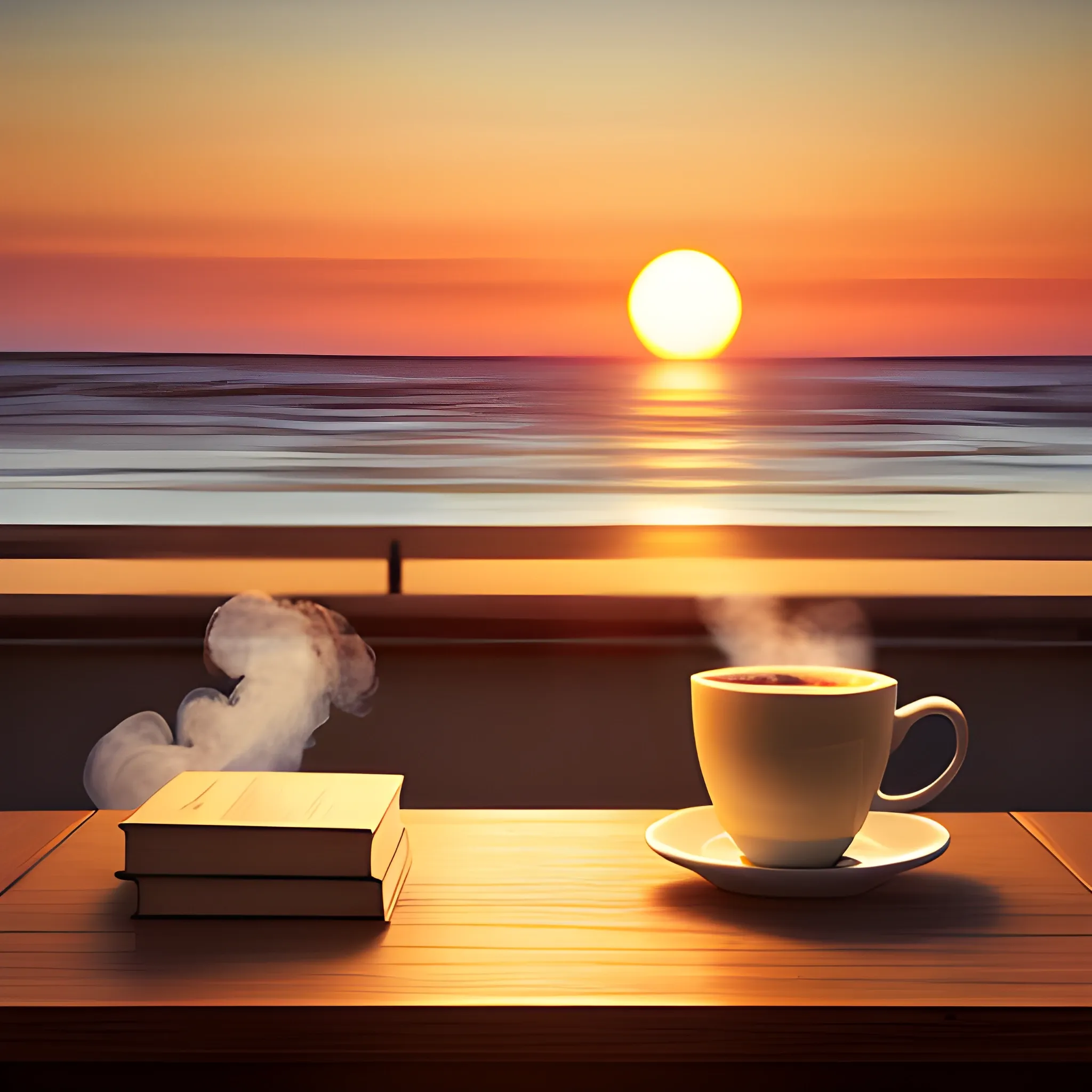 Book Blog Cover. A scene of a book and a steaming cup of warm coffee and a book on a table at a seaside cafe bathed in the glow of sunset. 