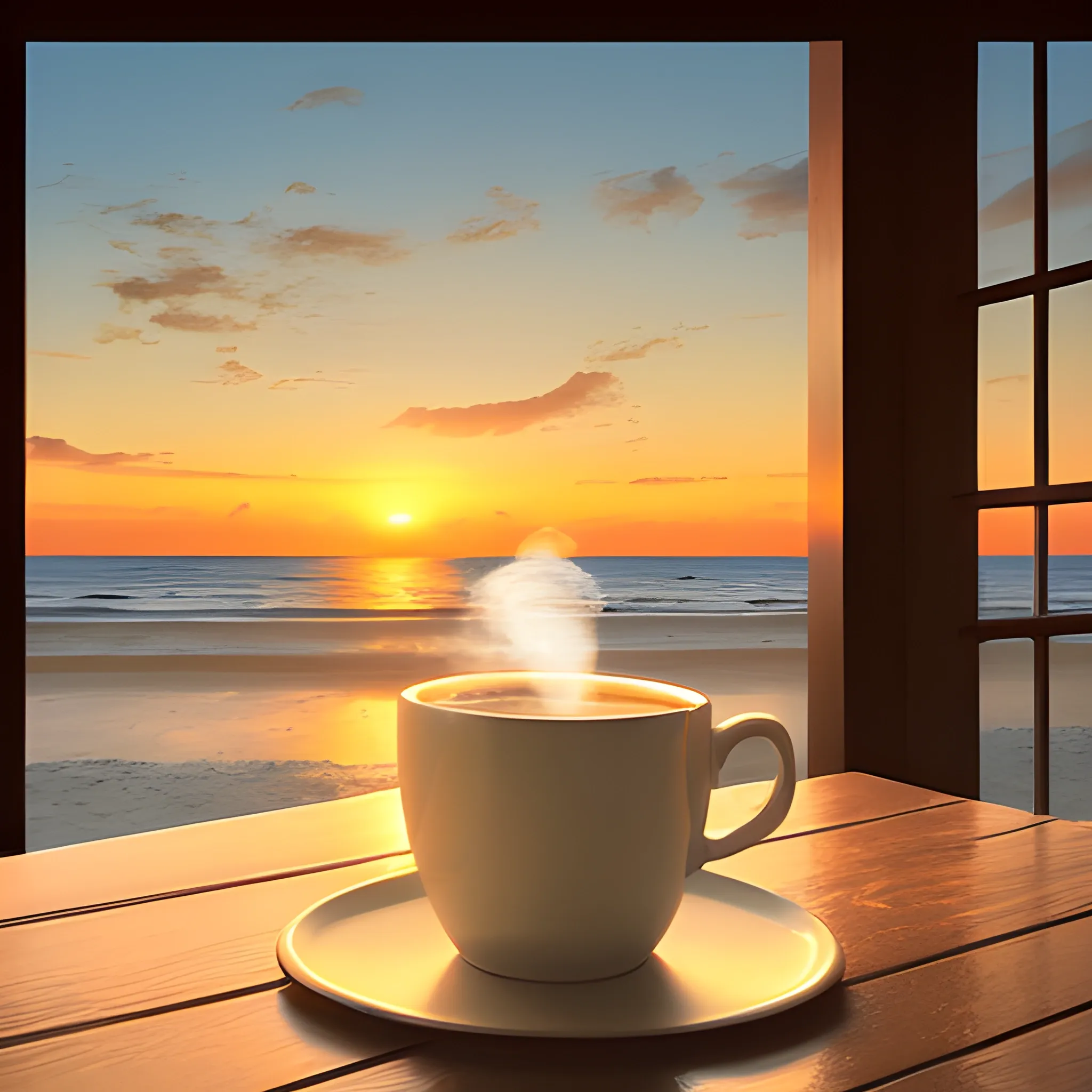 Book Blog Cover. A scene of a book and a steaming cup of warm coffee on a table at a seaside cafe bathed in the glow of sunset. 