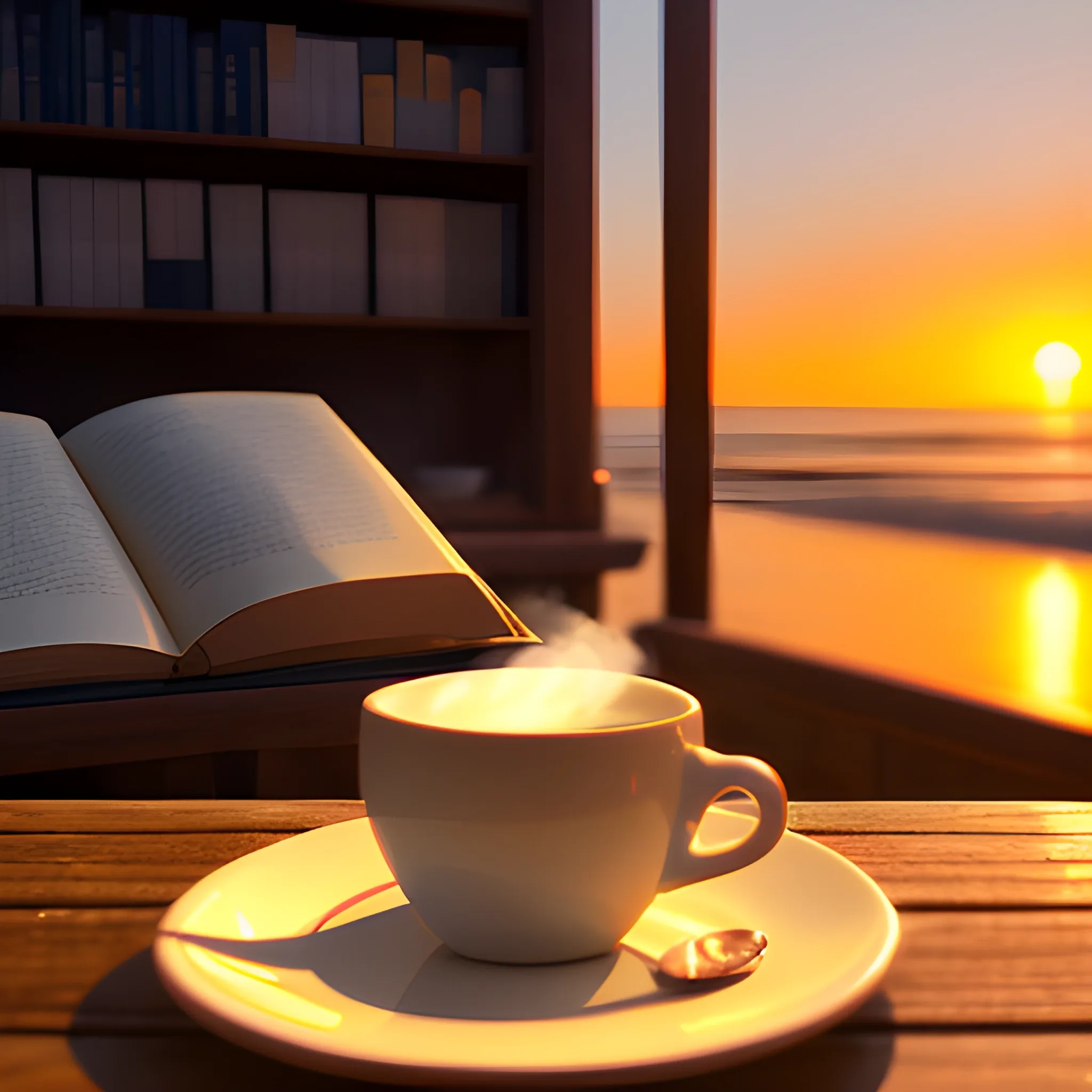 Book Blog Cover. A scene of two books and a steaming cup of warm coffee on a table at a seaside cafe bathed in the glow of sunset. 