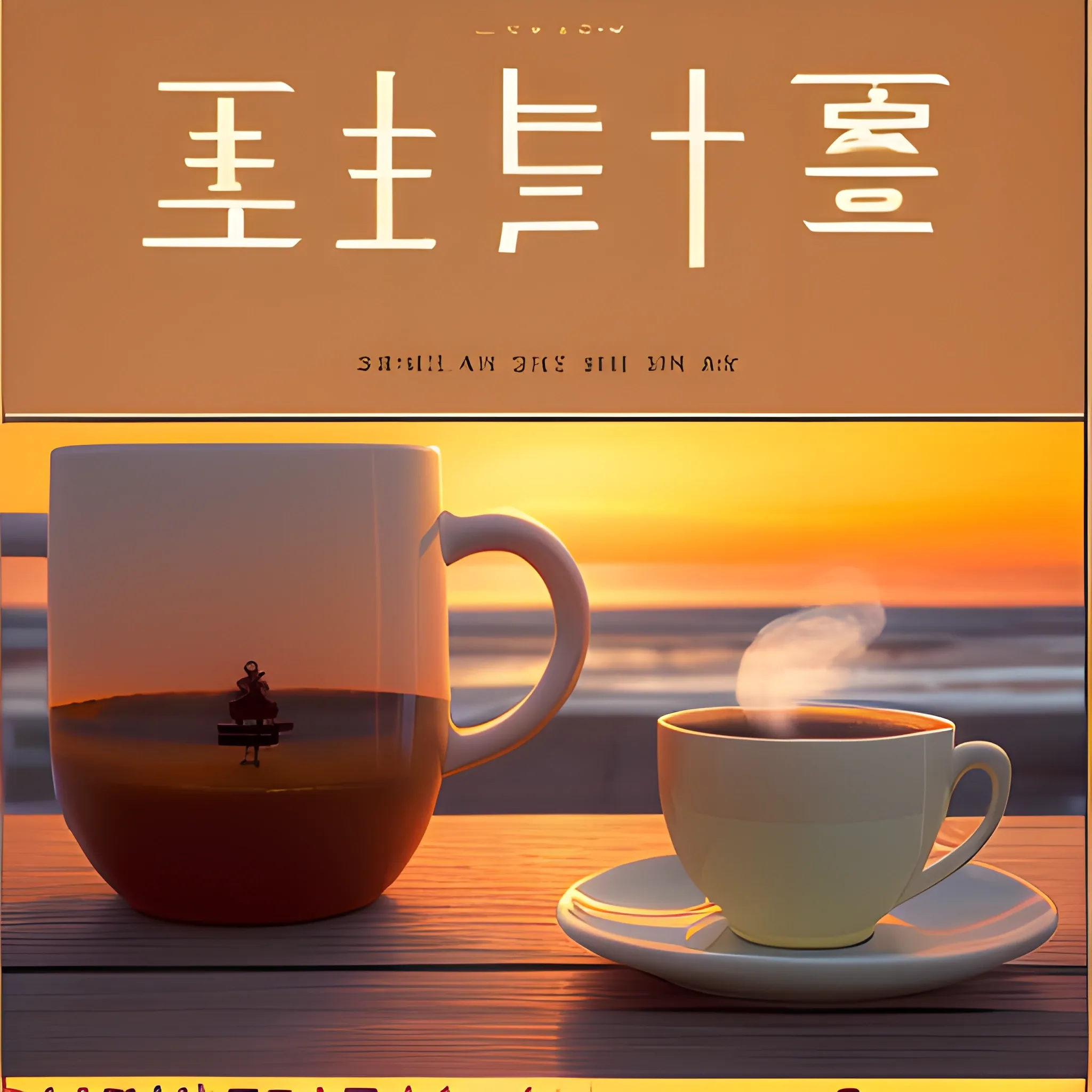 Book Blog Cover. A scene of two books and a steaming cup of warm coffee on a table at a seaside cafe bathed in the glow of sunset. And write "책마녀" on right bottom corner.